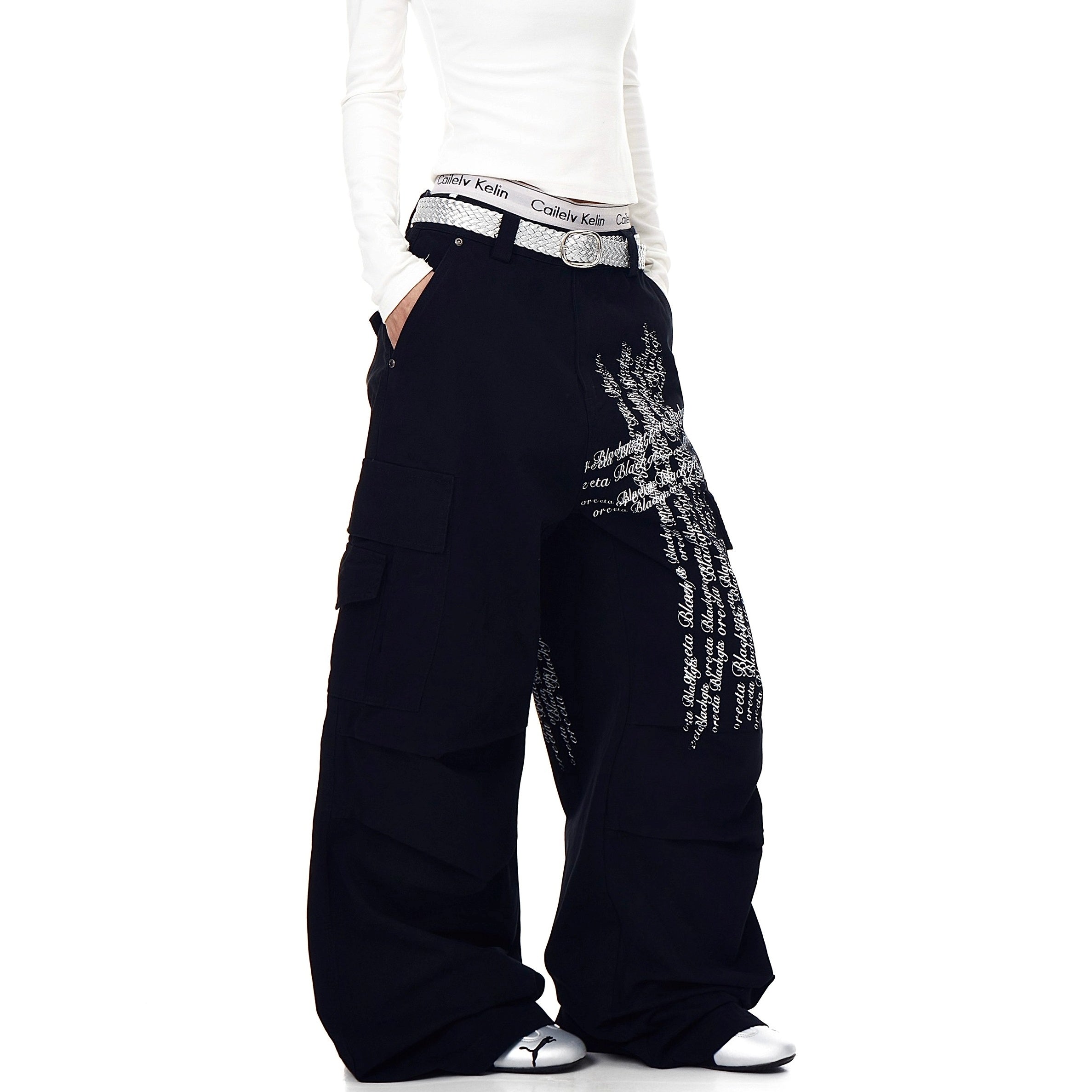 Washed Pleated Letter Print Cargo Pants BK7013