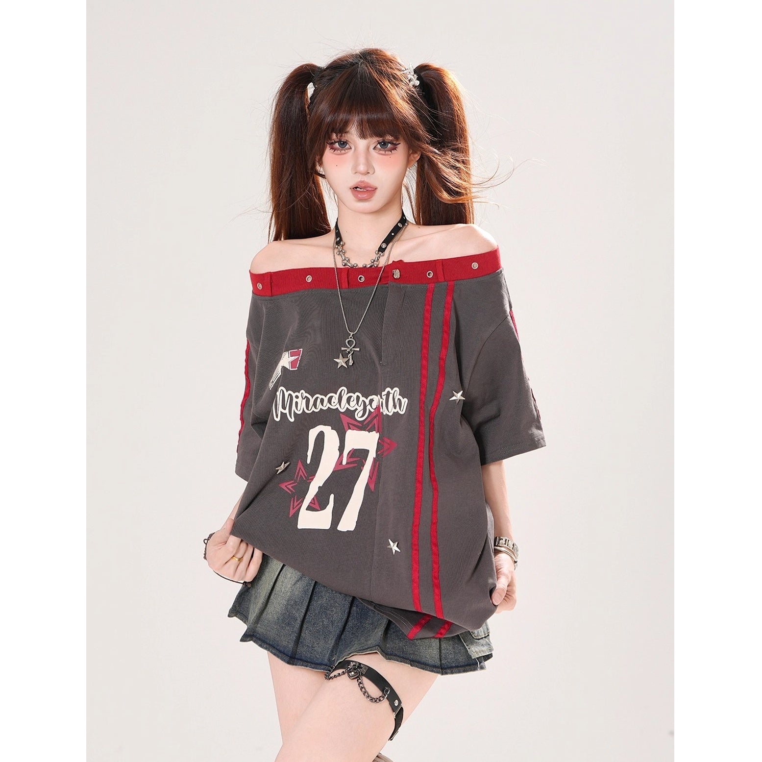 Off-Shoulder American Print T-Shirt KK2069