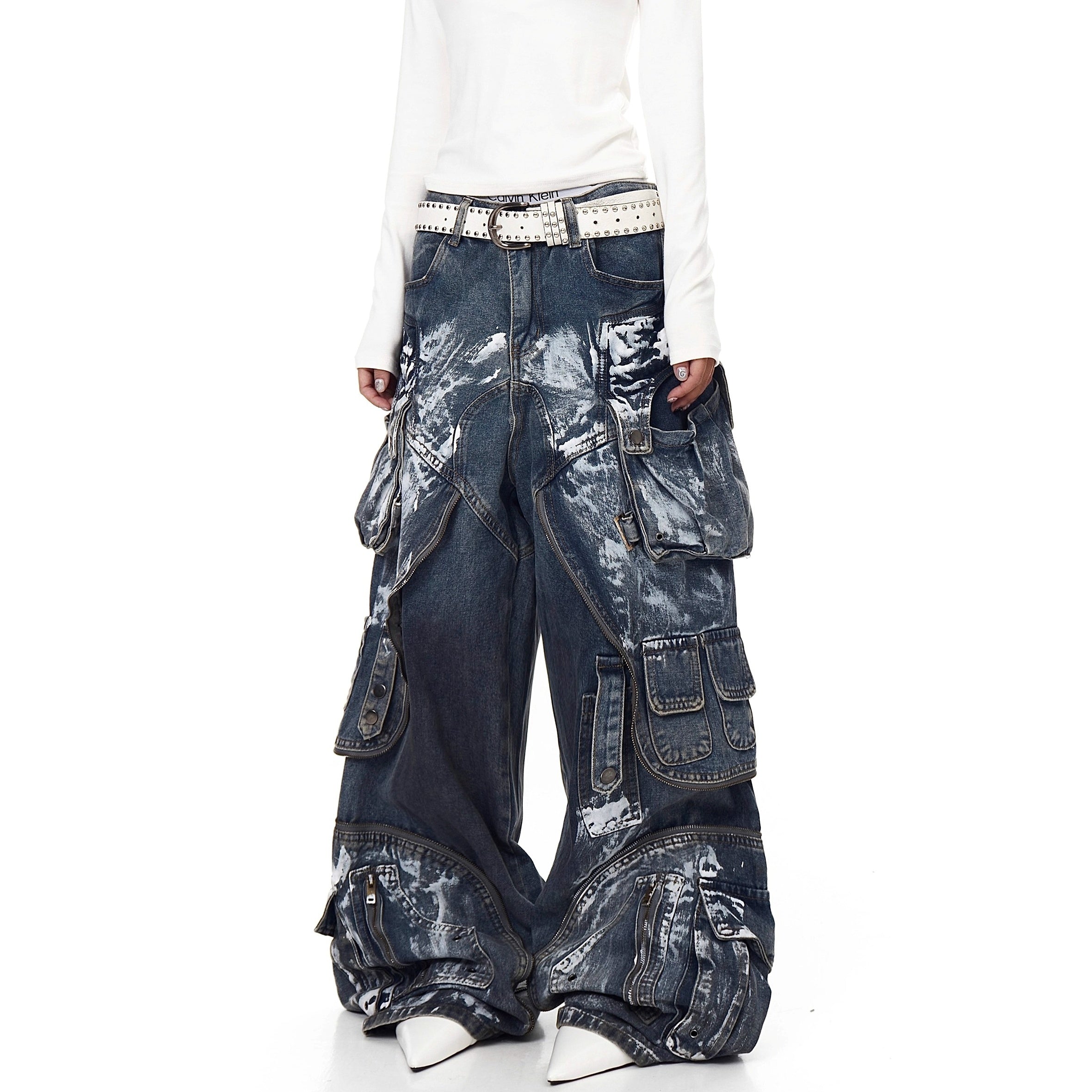 Dirty Worn Zipper Splicing Cargo Jeans BK7043