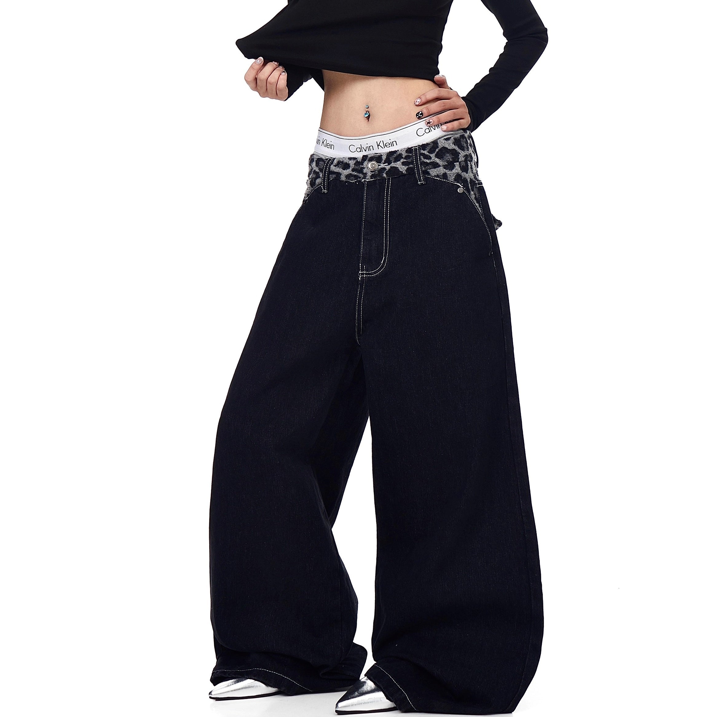 Plush Leopard Print Stitching Scimitar Jeans BK7045