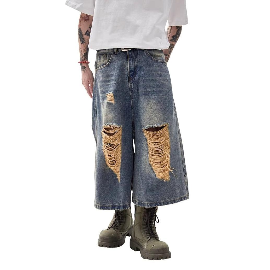 Ripped Holes Washed Denim Half Pants MW10217