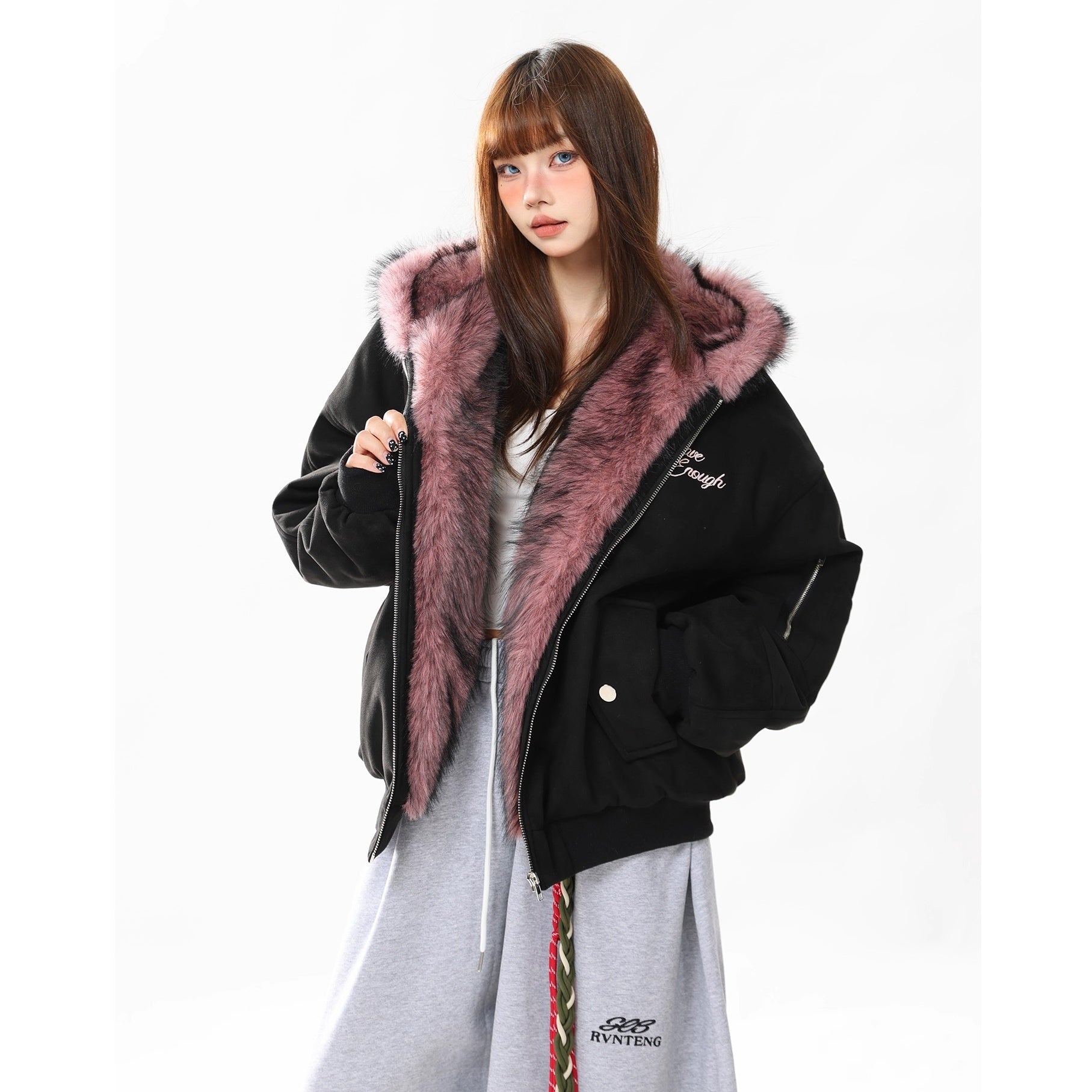 Letter Embroidery Carving Fur Collar Hooded Jacket MW10294
