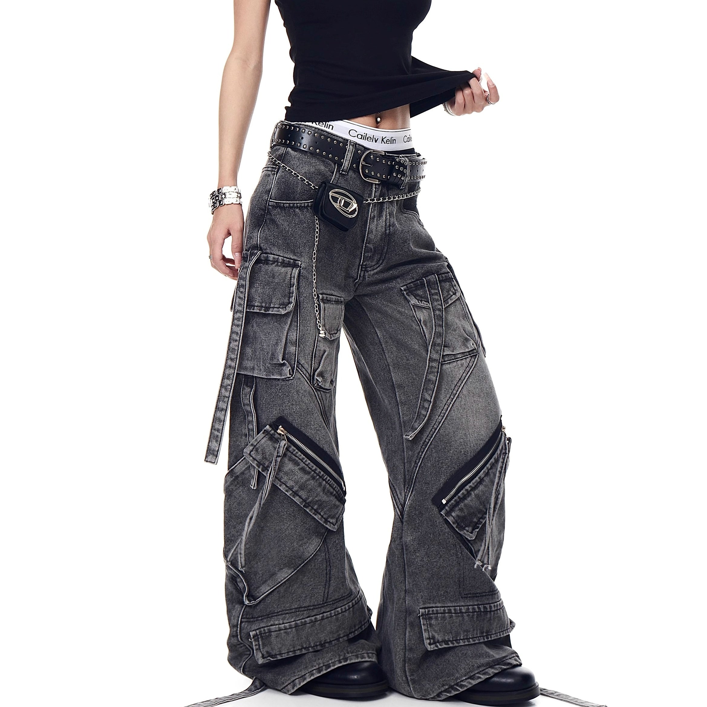 Wash Curve Design Cargo Jeans MW10189