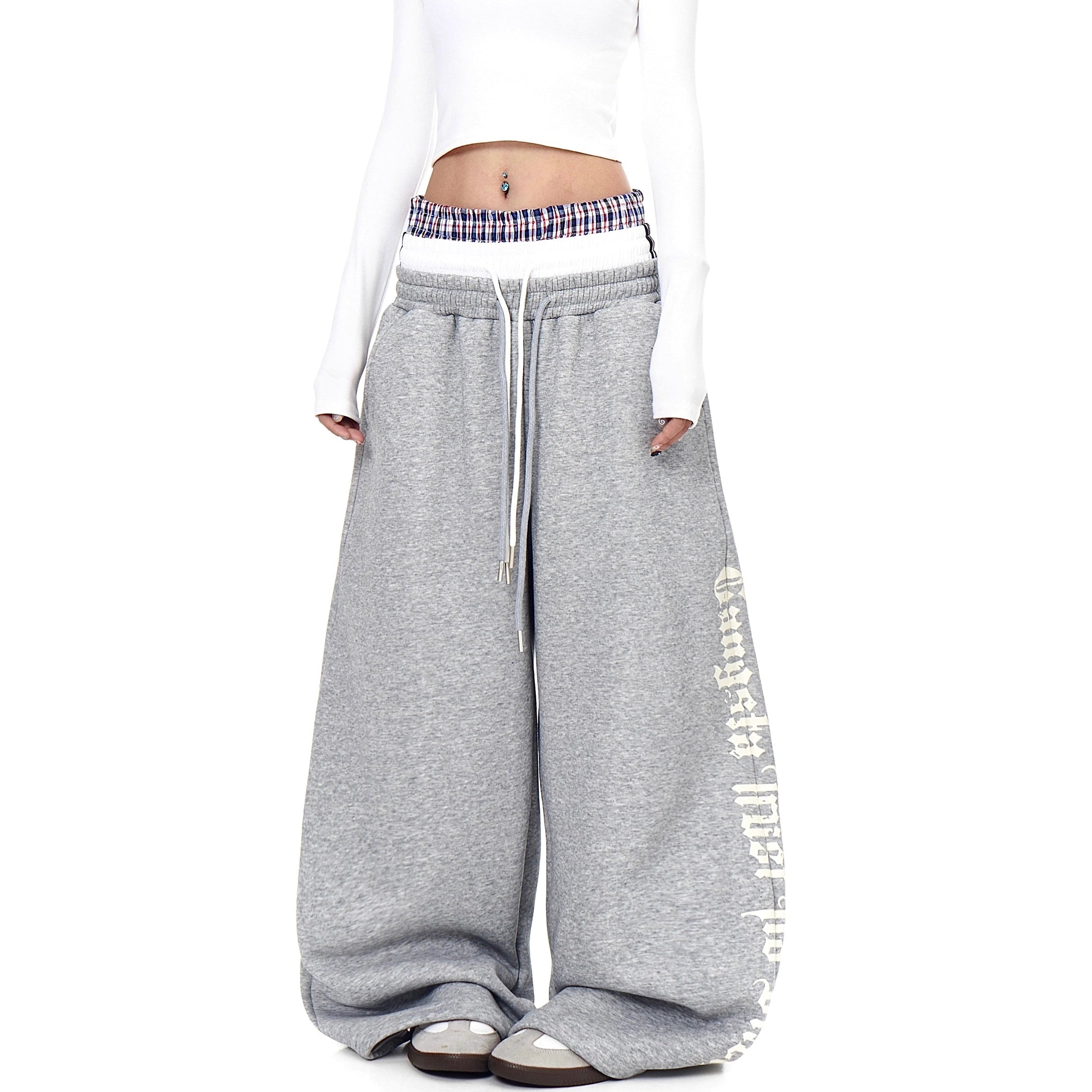 Triple-waist Patchwork Letter Drawstring Sweat Pants BK7063