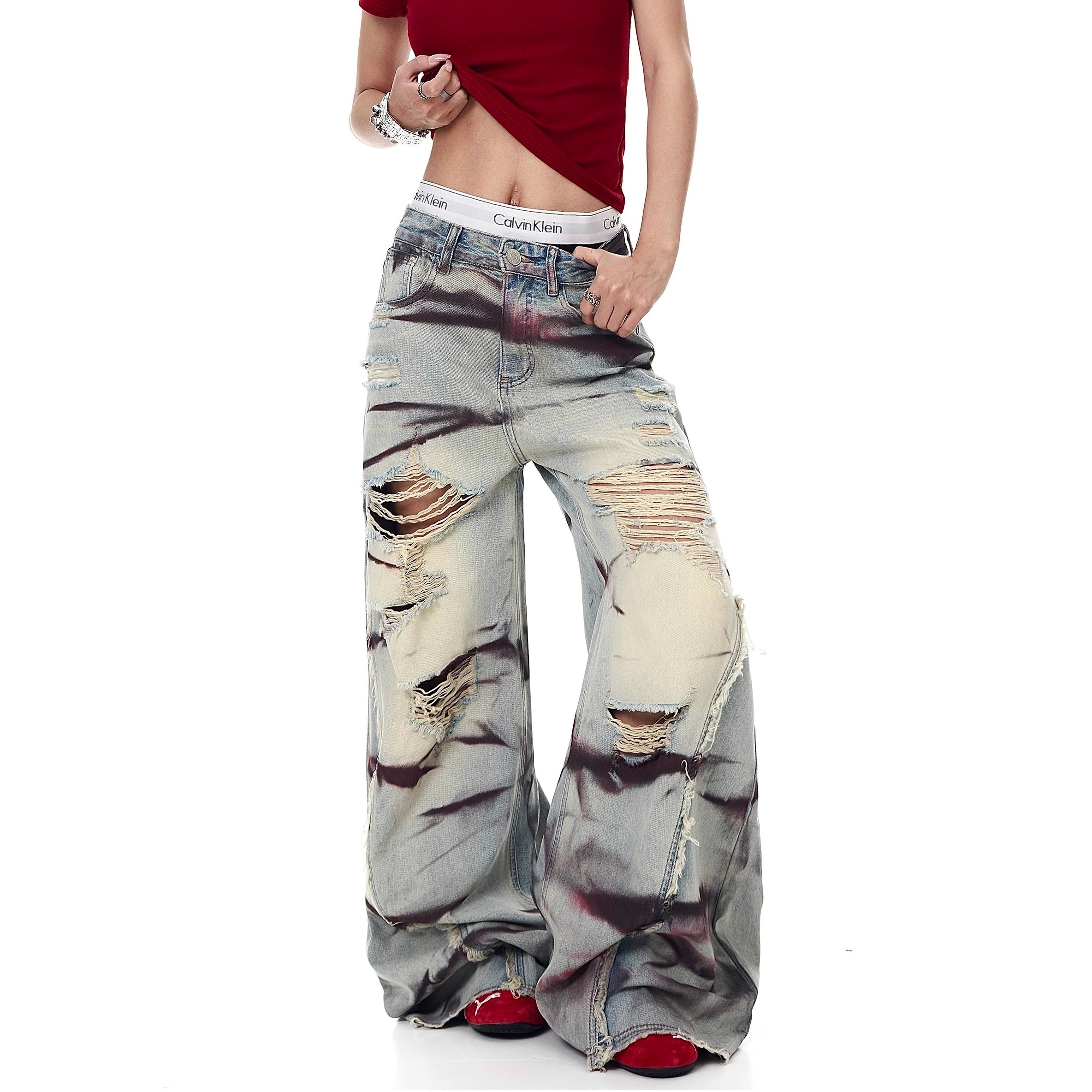Stained Distressed Ripped Raw-edged Flared Jeans MW10195