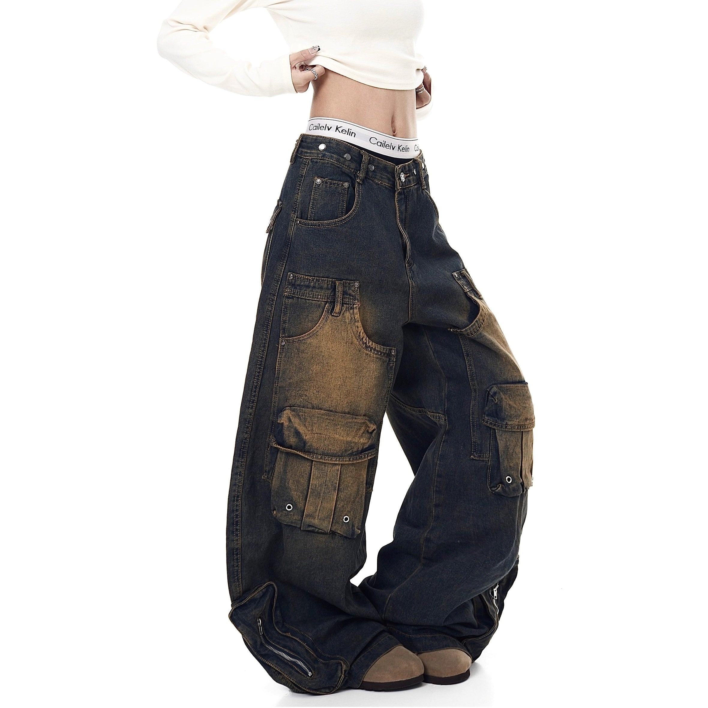 Deconstructed Multi-Pocket Damage Wide Jeans BK7004