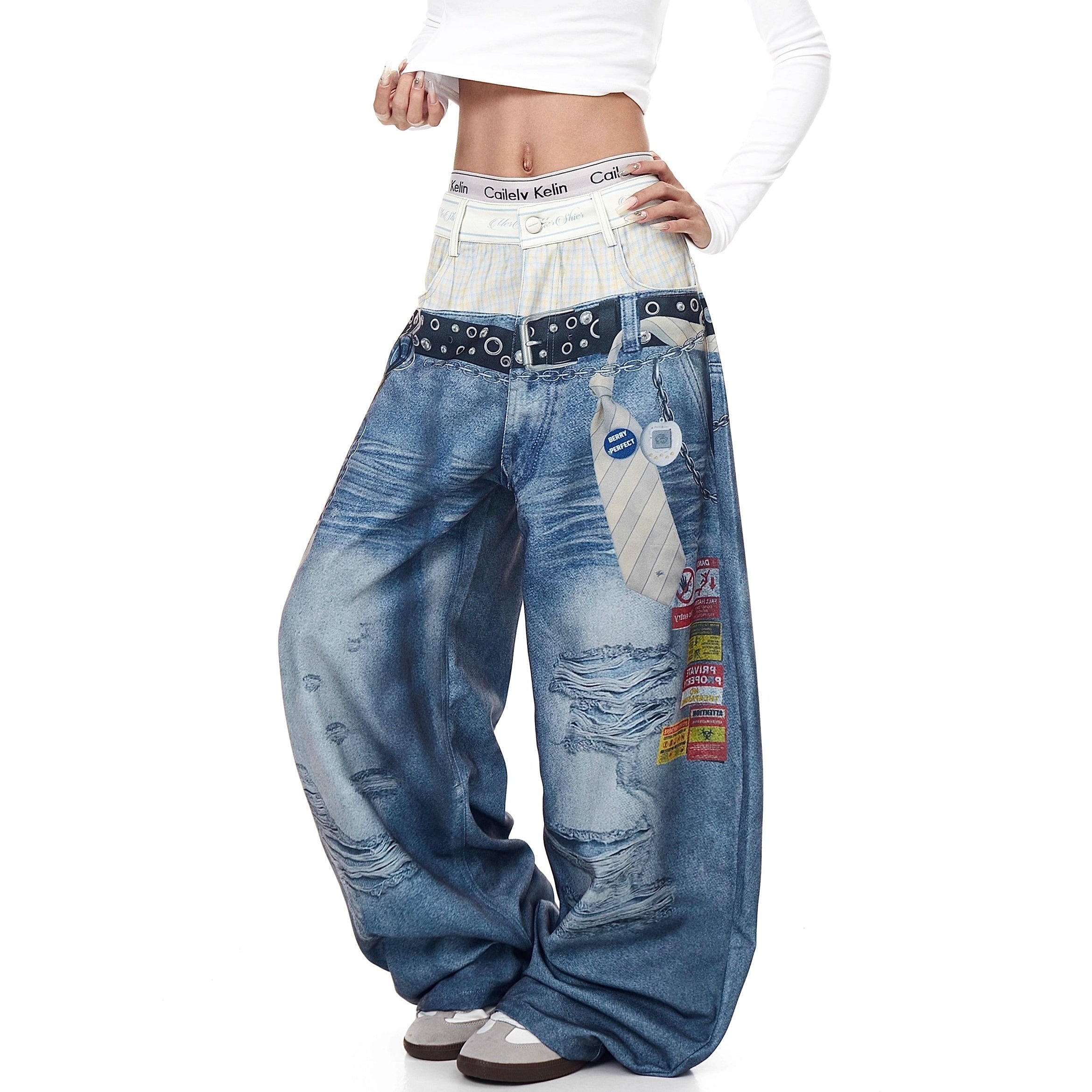 3D Belt Chain Print Double-Waist Jeans BK7020