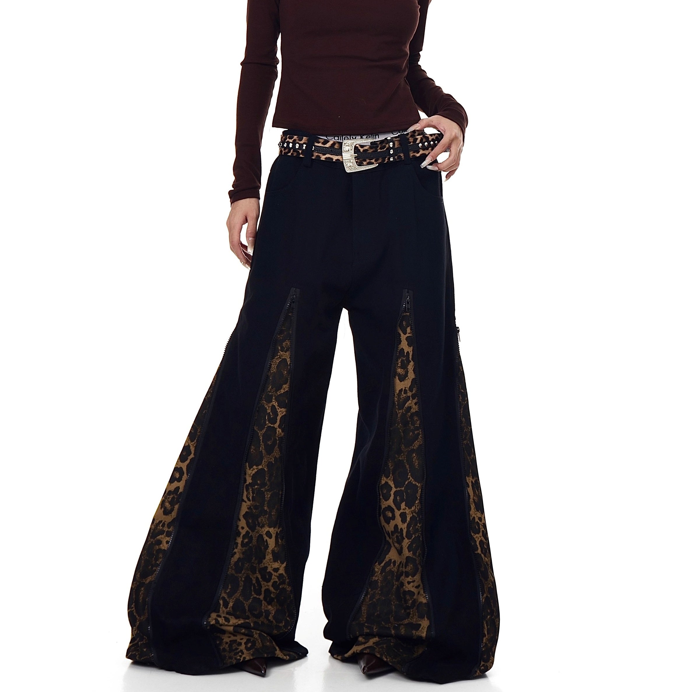 Zipper Stitch Leopard Patchwork Flare Jeans BK7019
