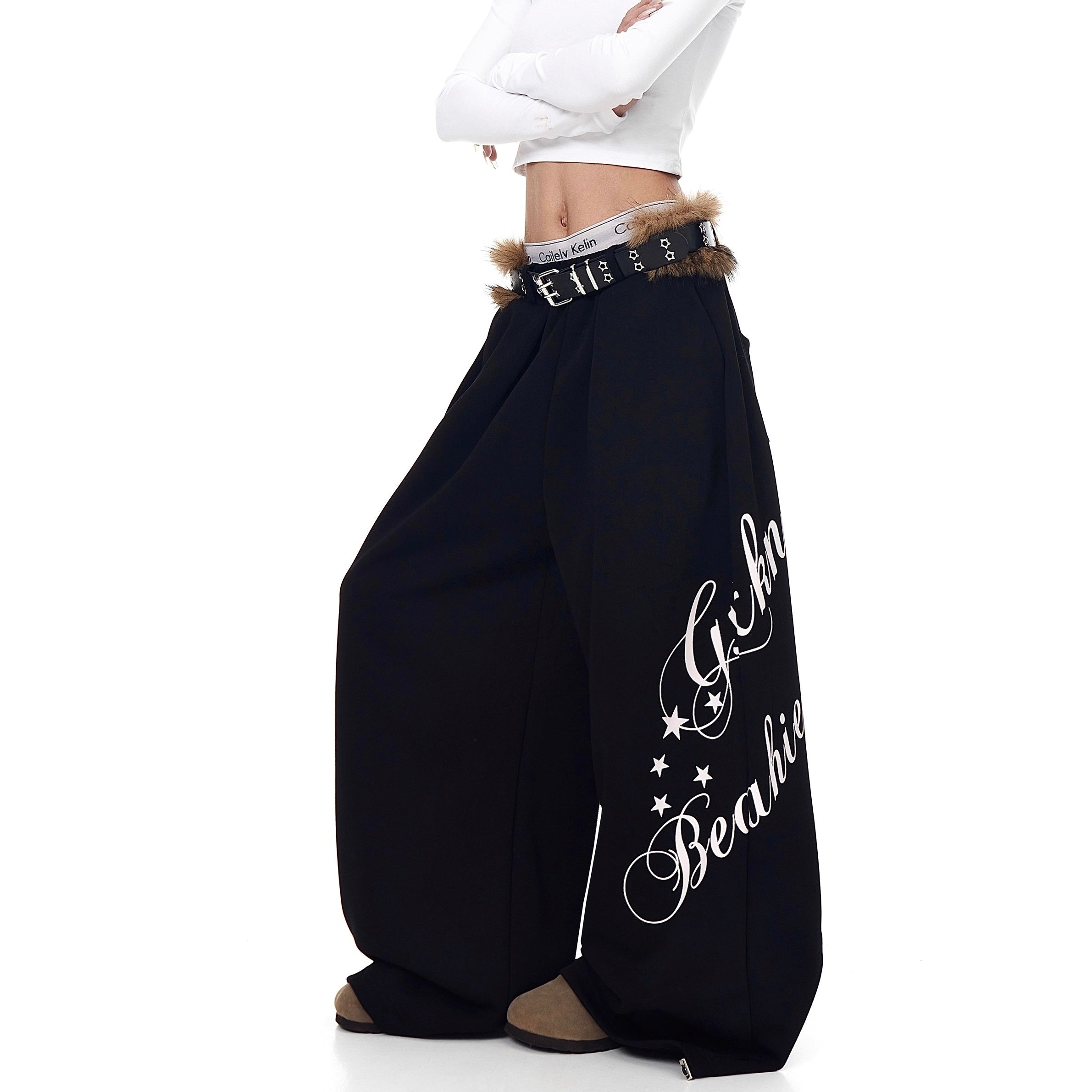 Letter Print Wide Sweat Pants With Fur Belt BK7026