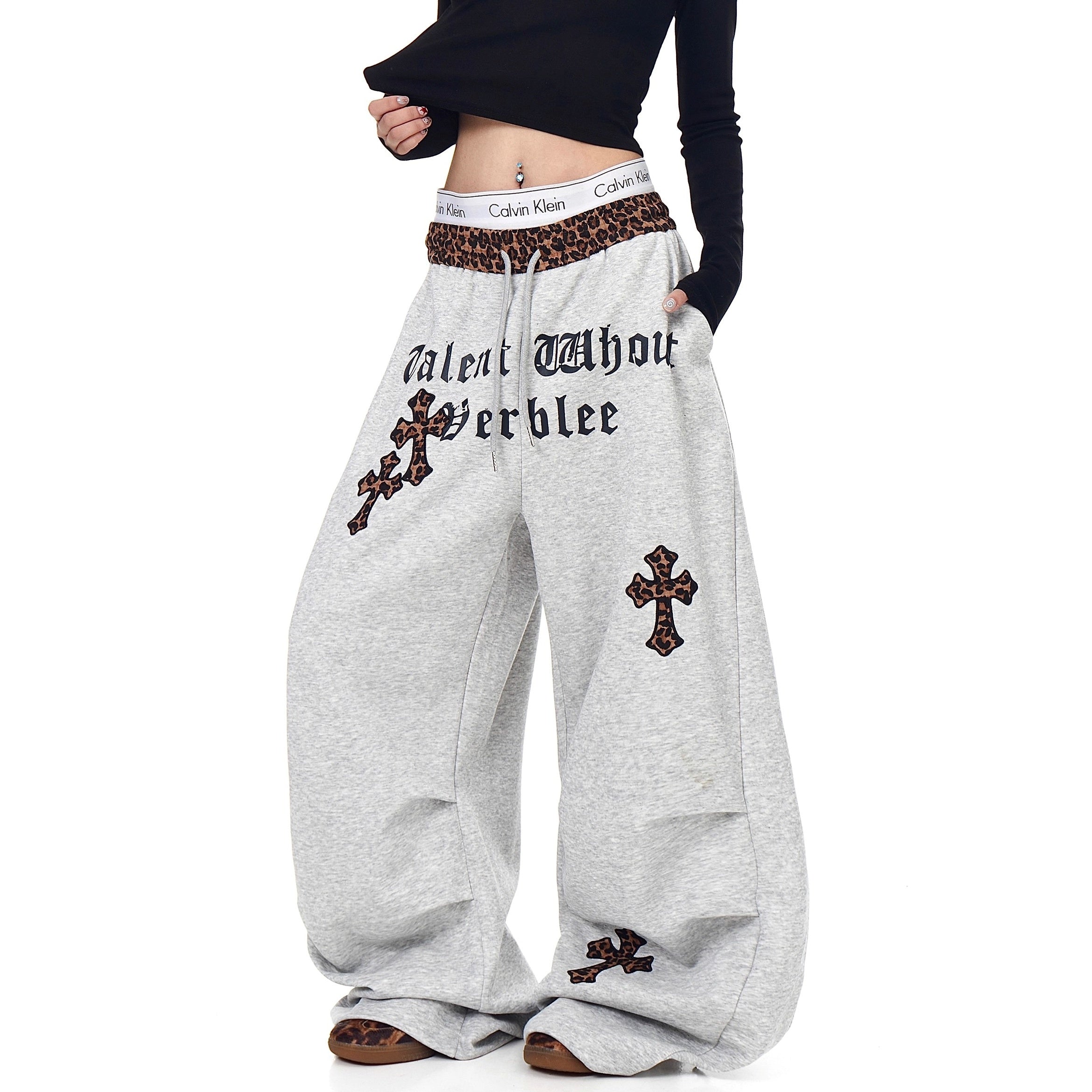Leopard Print Patchwork Scimitar Sweat Pants BK7046