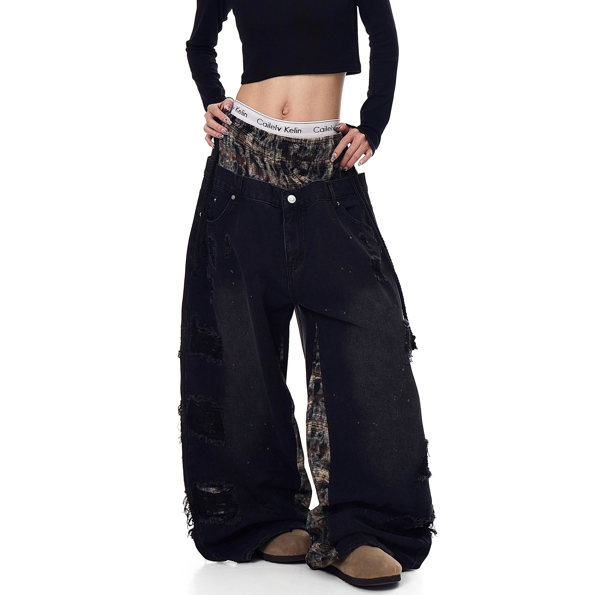Double Waist Splicing Ripped Curve Jeans MW10273