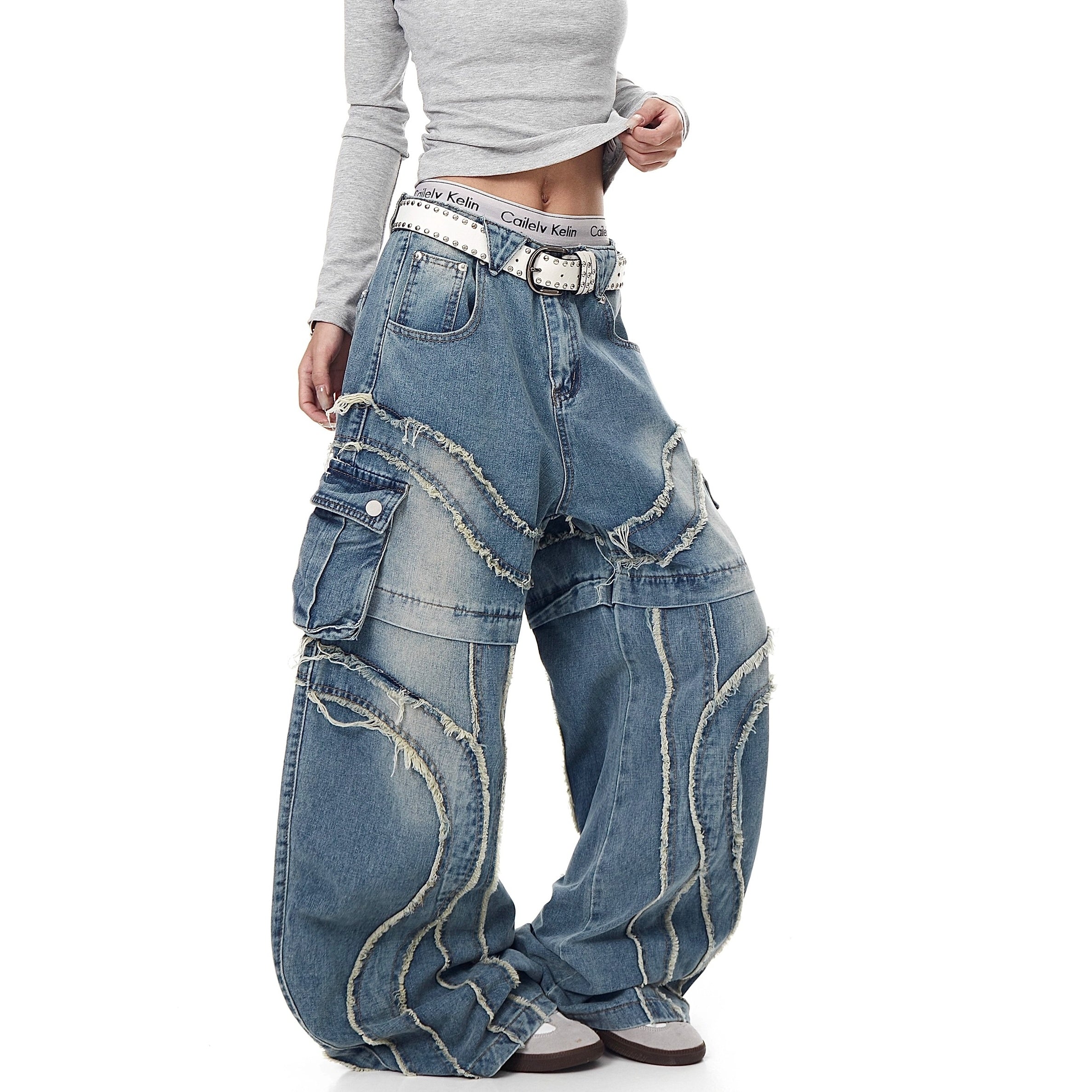 Raw Edge Stitching Cargo Jeans BK7022