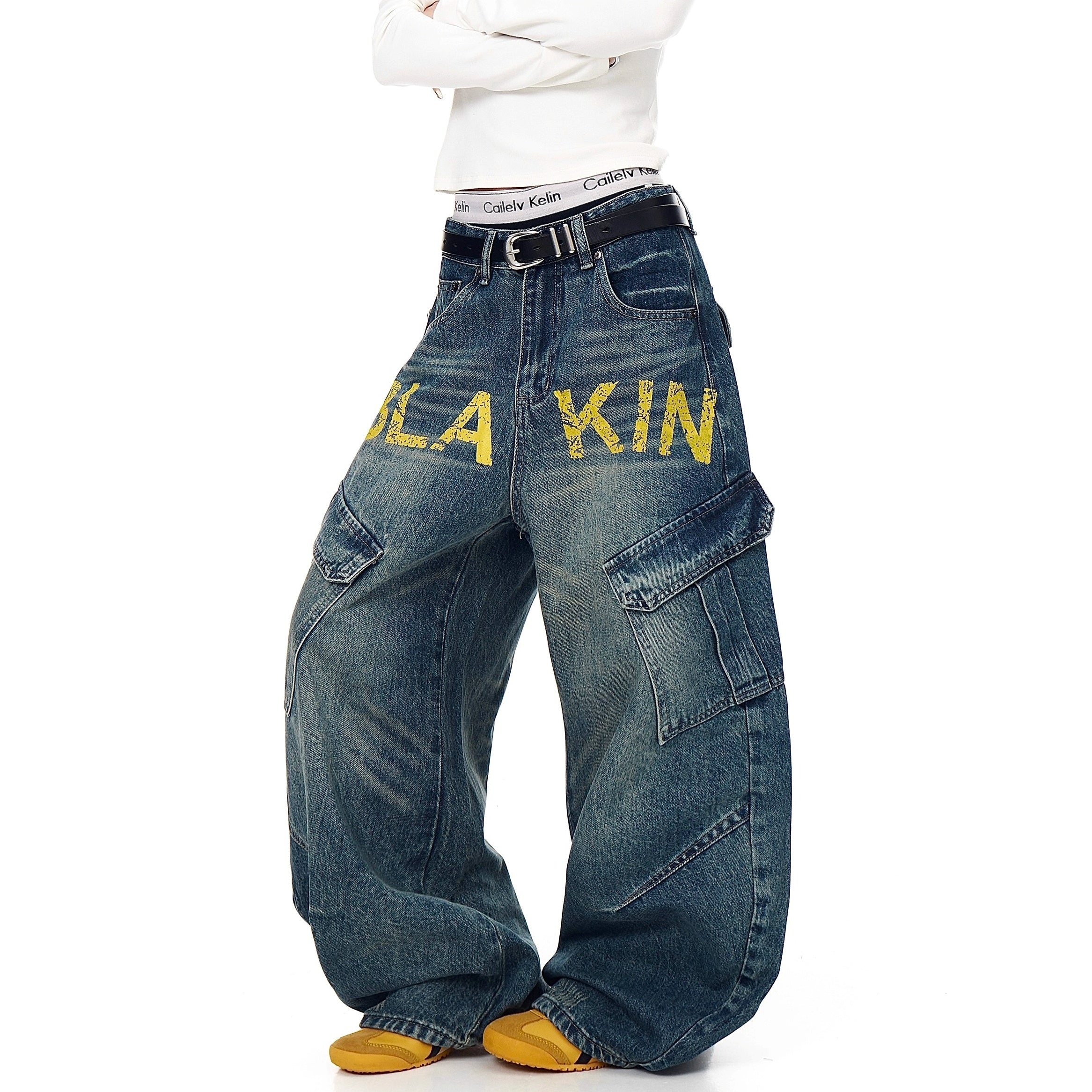 Monogram Print Vintage Scimitar Cargo Jeans BK7034