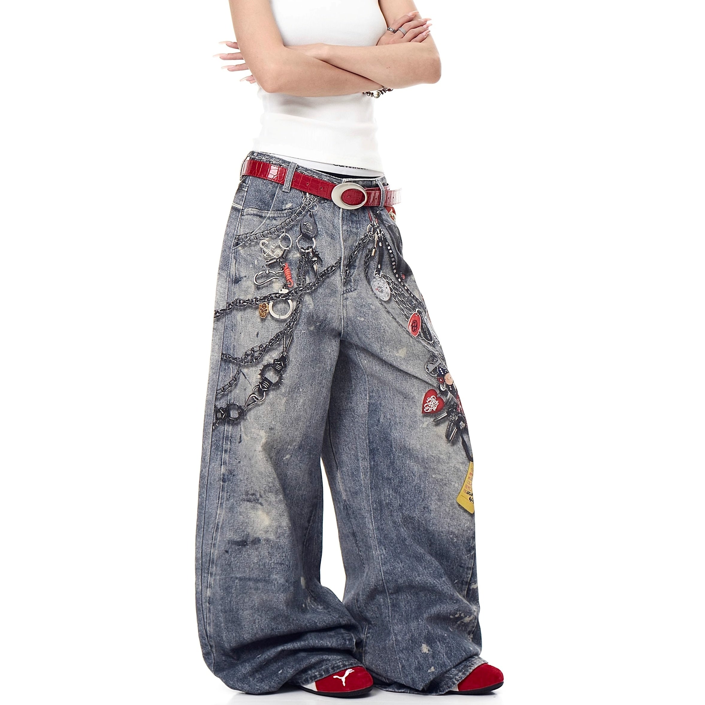 3D Chain Print Wide-leg Jeans MW10194
