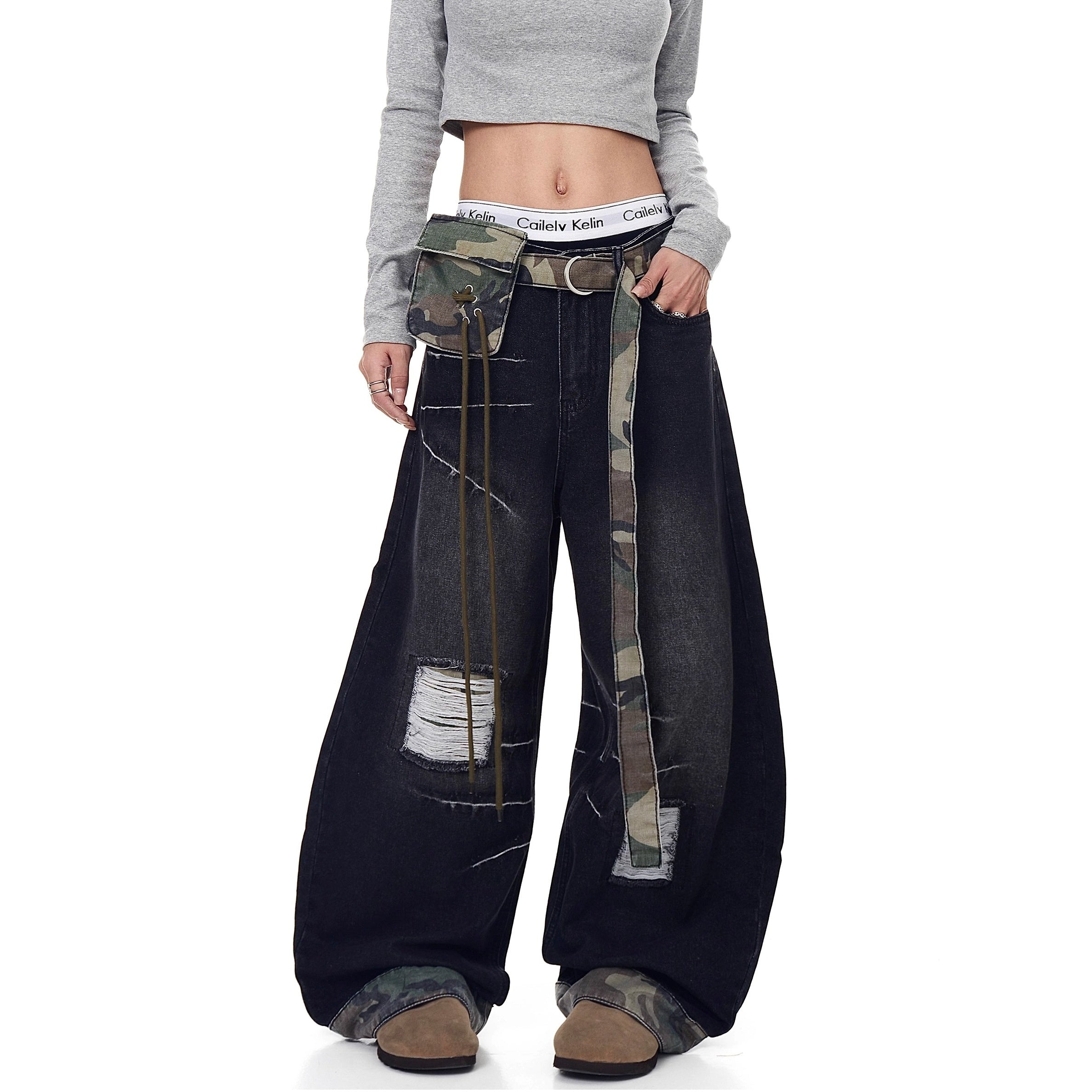 Patchwork Ripped Curve Jeans With Camouflage Belt Bag MW10240