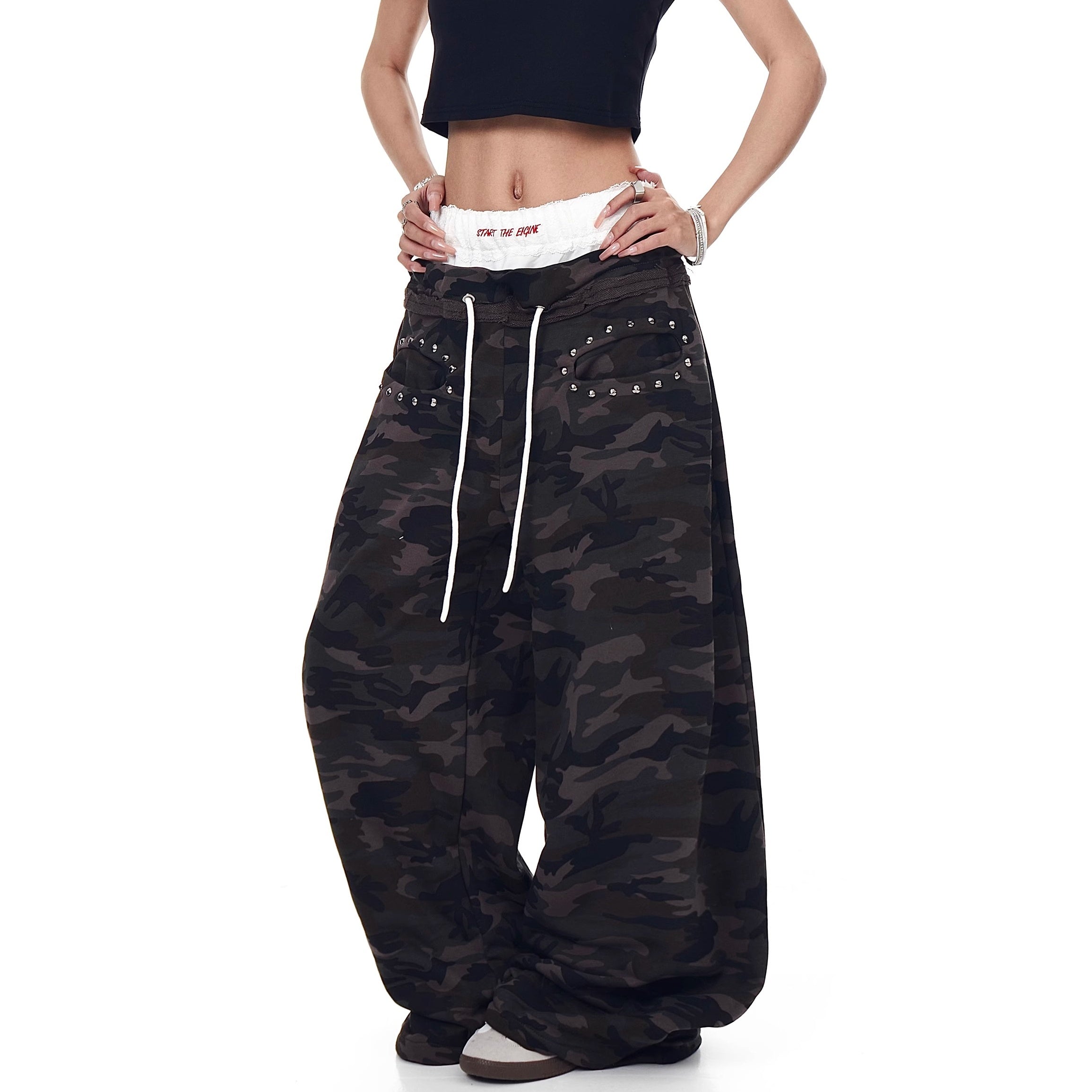 Lace Stitching Double Waist Camouflage Pants MW10203