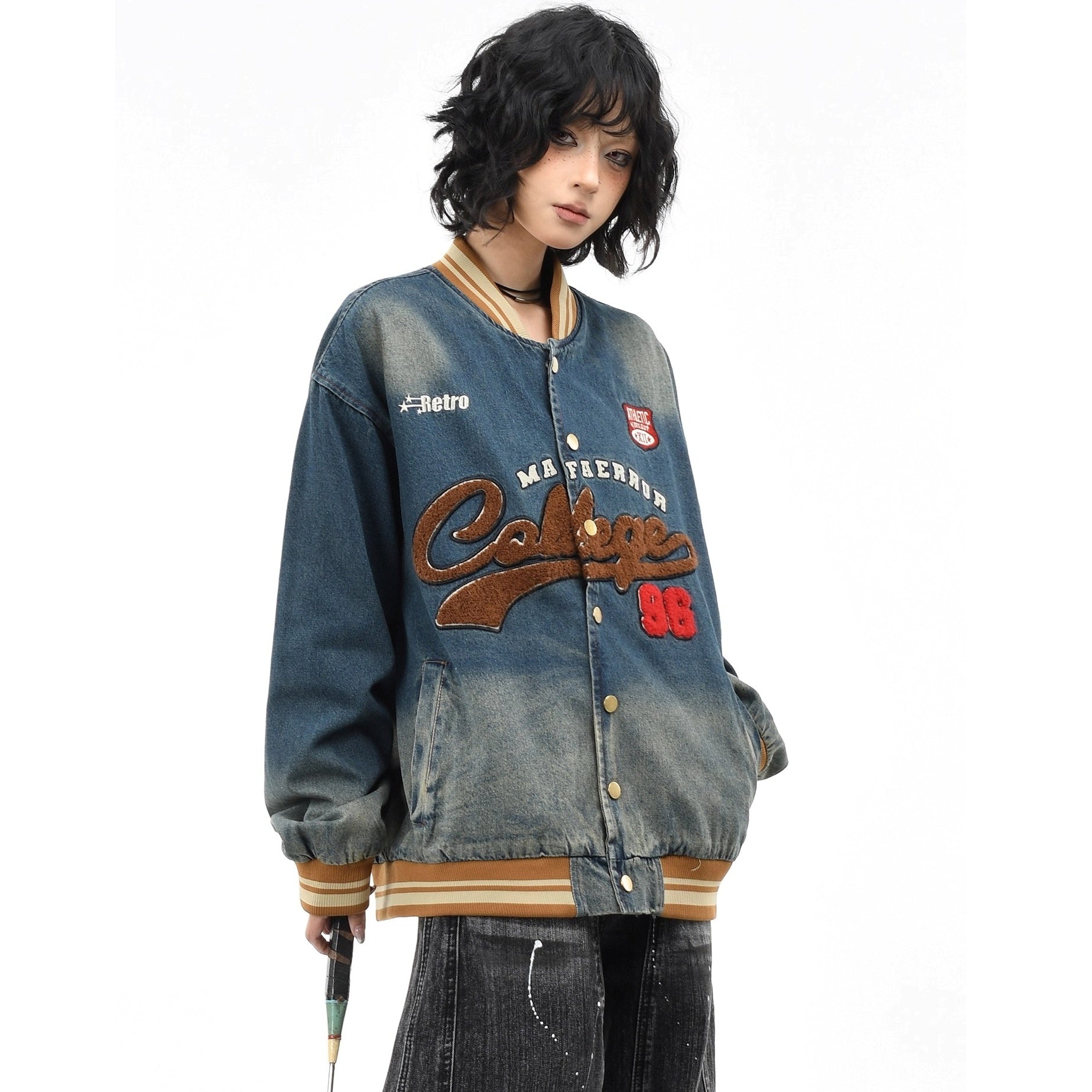 Retro Washed Embroidered Denim Baseball Jacket MW10303