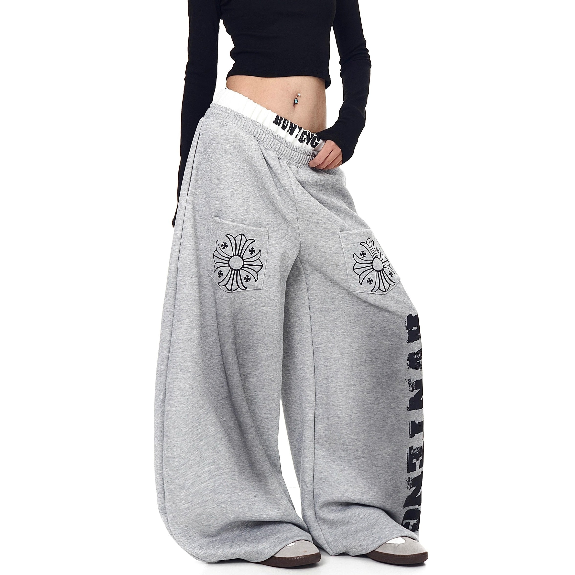 Double-Waist Letter Print Sweat Curve Pants BK7056
