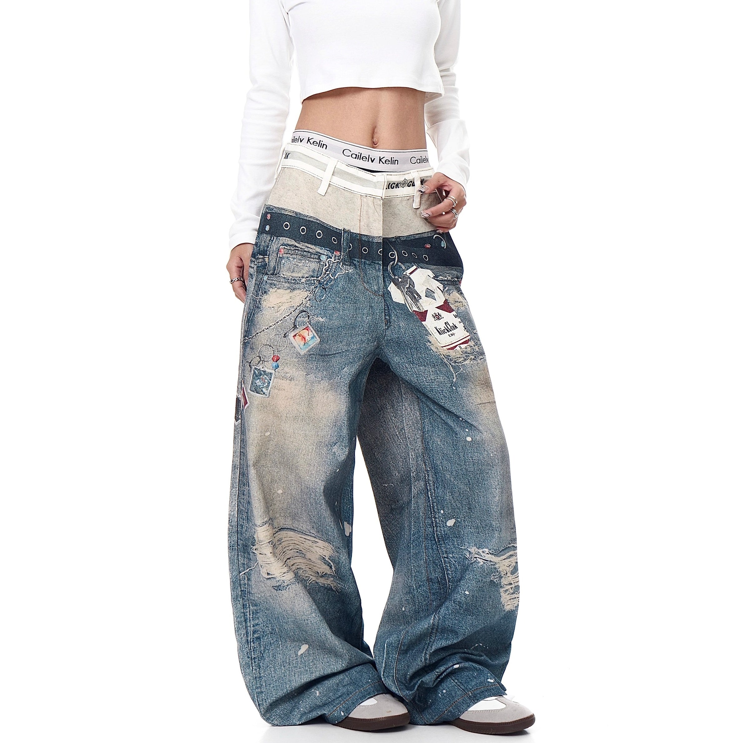 3D Printing Double Waist Distressed Loose Jeans BK7003