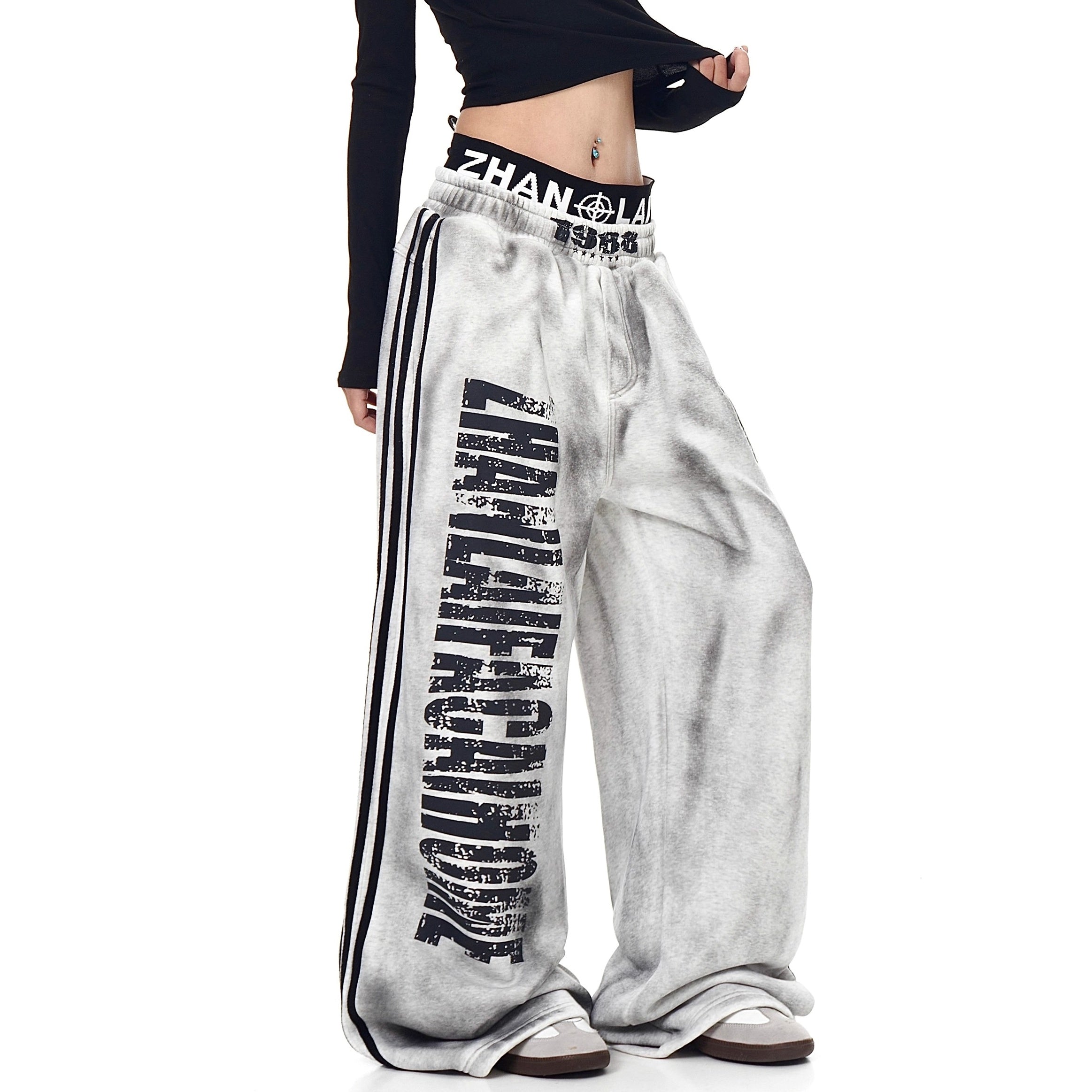 Dirty Distressed Printed Double Waist Sweat Pants BK7041