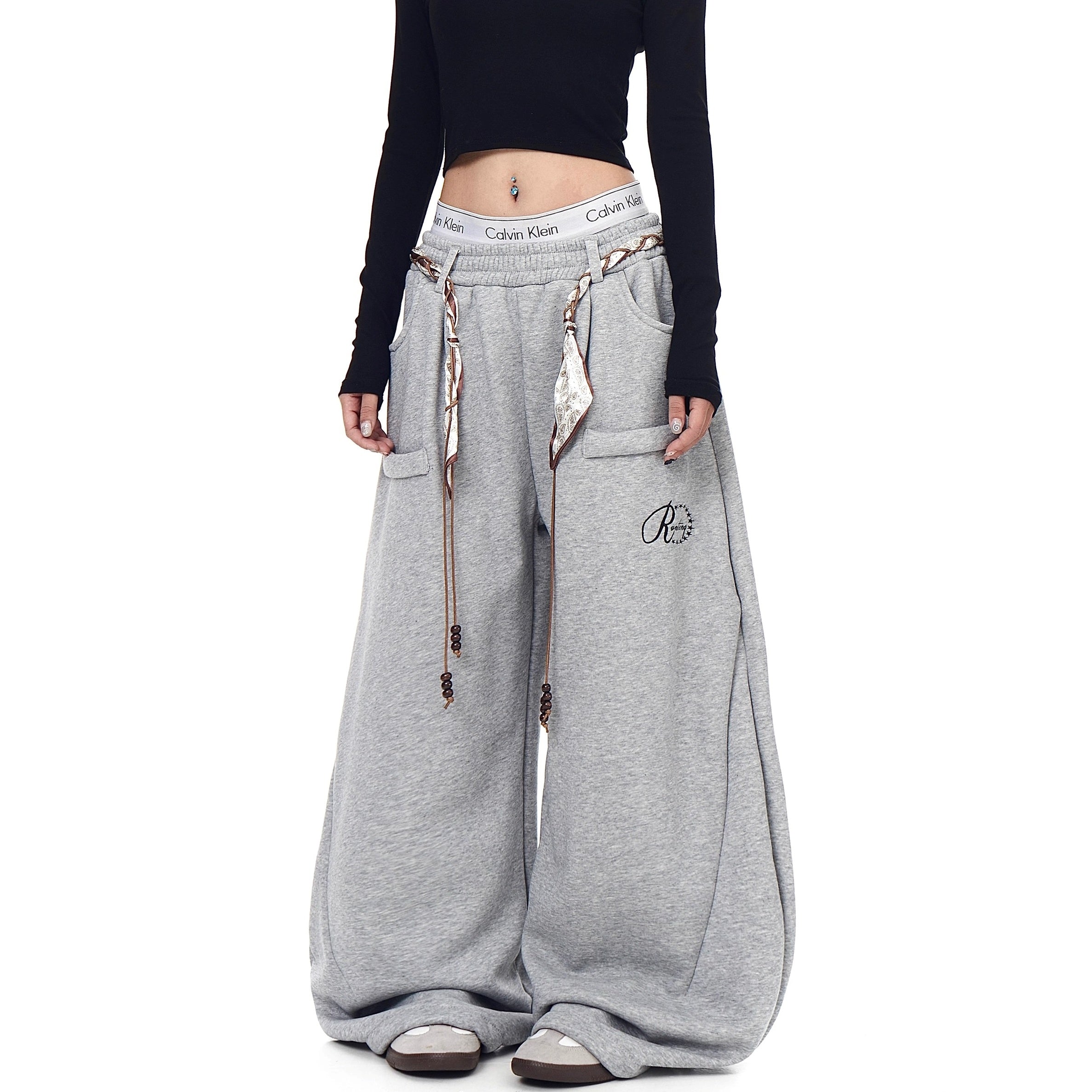 Waist Scarf Cord Design Curve Sweat Pants BK7057
