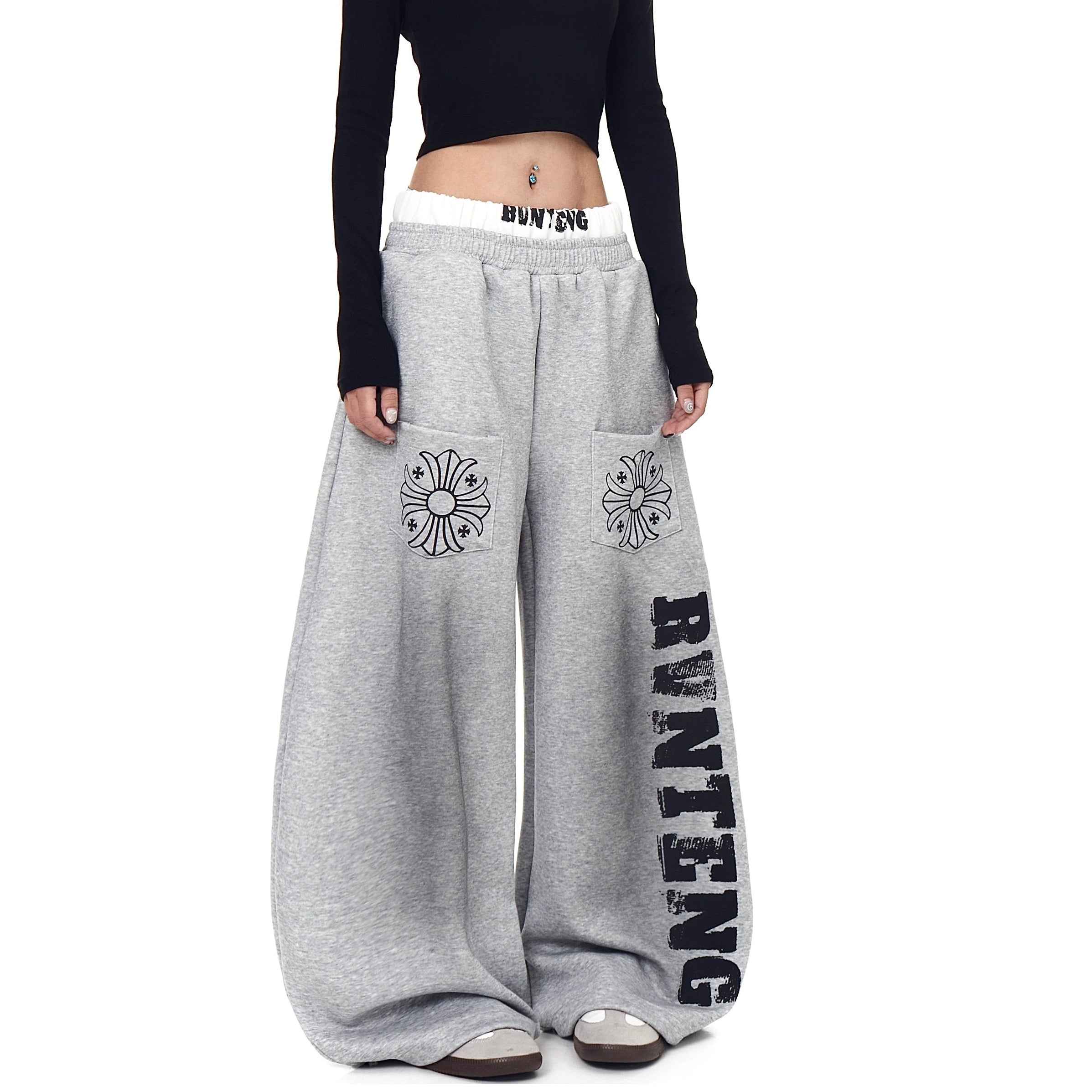 Double-Waist Letter Print Sweat Curve Pants BK7056