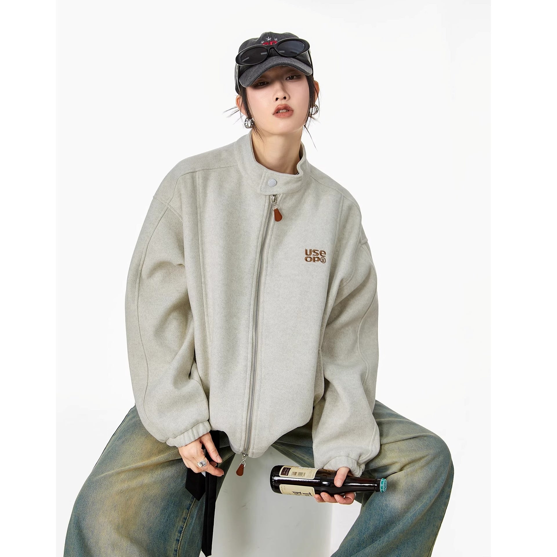 Embroidered Stand Collar Zip Jacket IC9119
