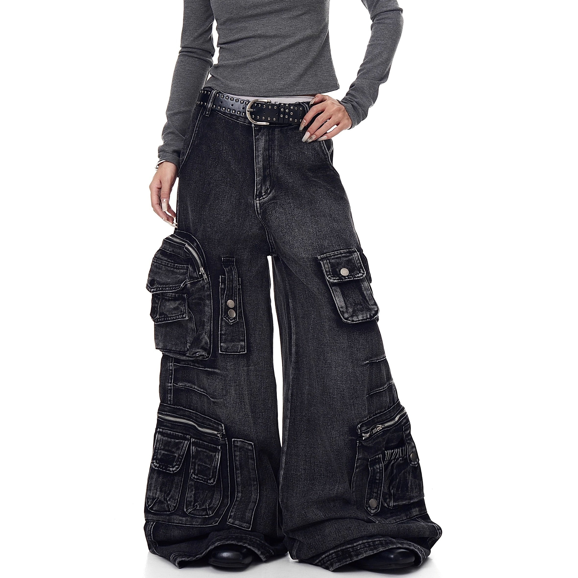 Washed Wide Buggy Cargo Jeans BK7028