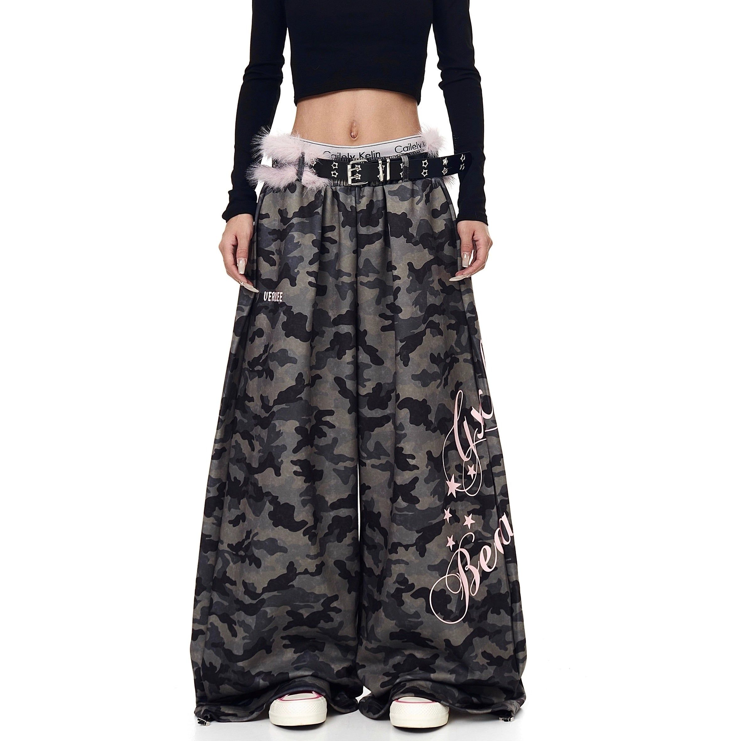 Letter Print Wide Sweat Pants With Fur Belt BK7026