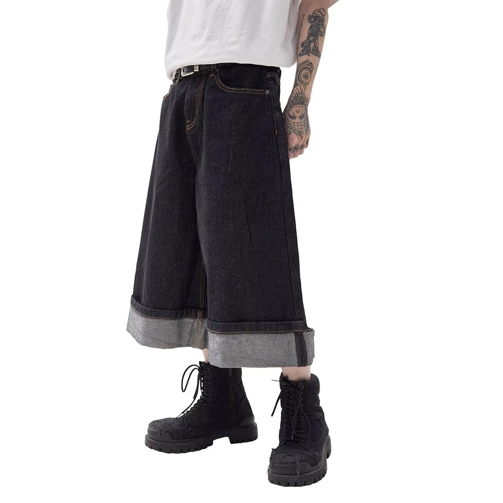 Turned-up Wide-leg Denim Half Pants MW10216
