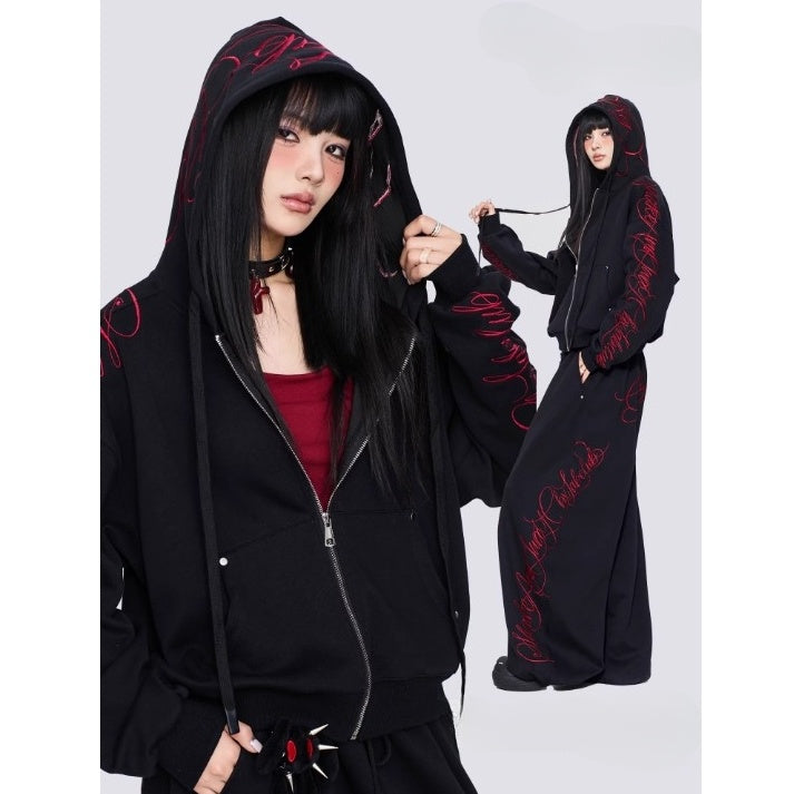【上下別売り】Gothic Letter Embroidery Hooded Sweat Parka & Pants Set-up CB1001