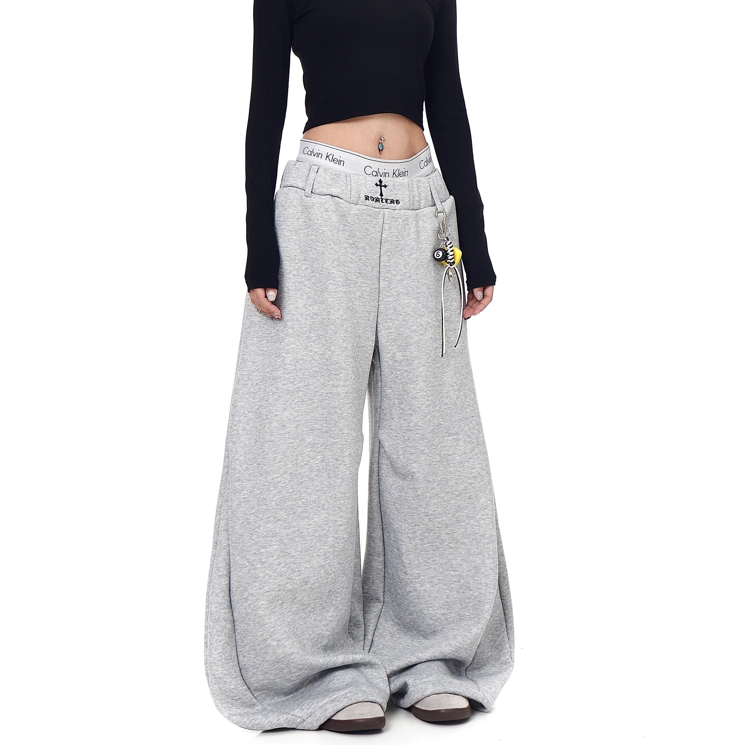 Cross Embroidery Loose Sweat Curve Pants BK7055