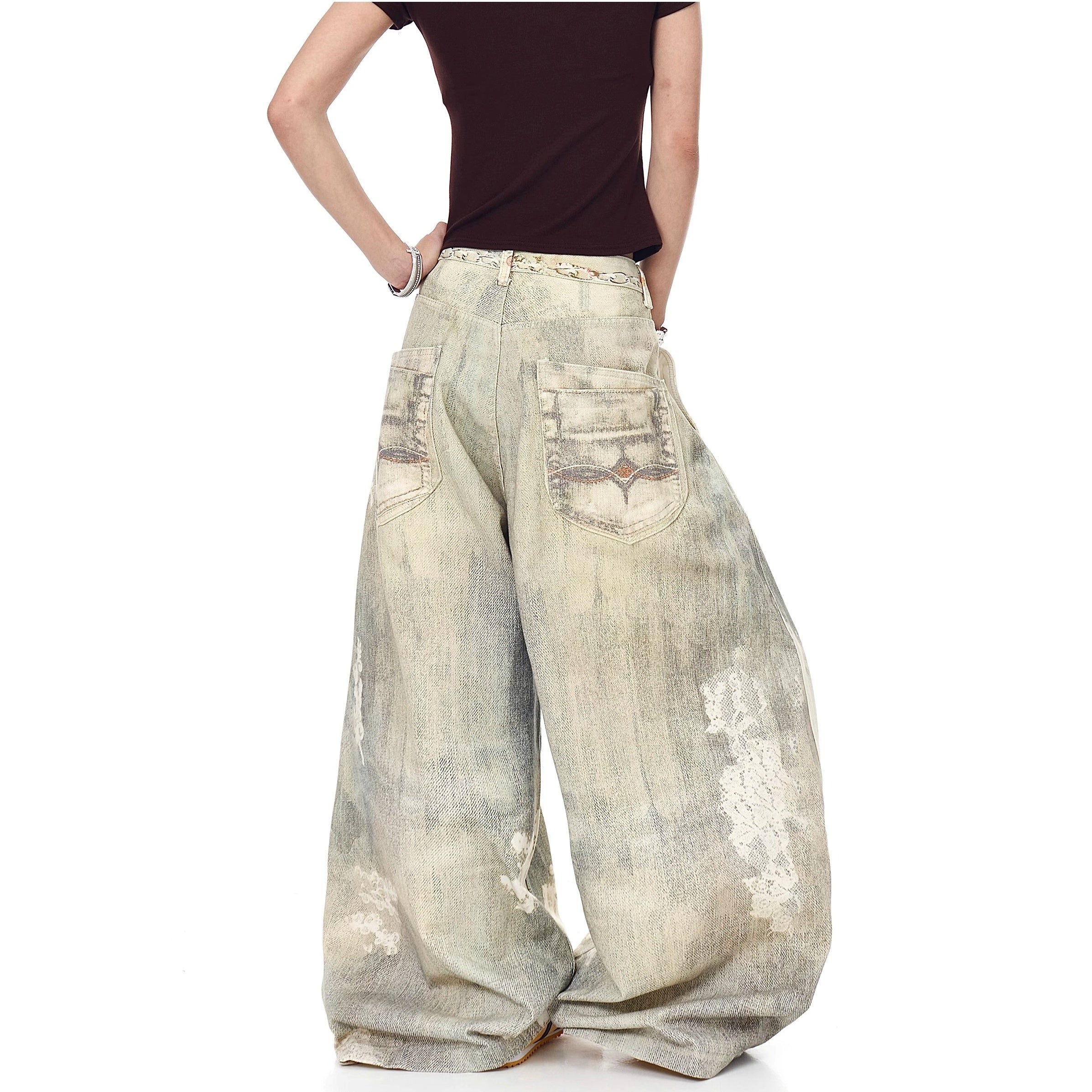 3D Printed Jewelry Distressed Wide Curve Jeans MW10223
