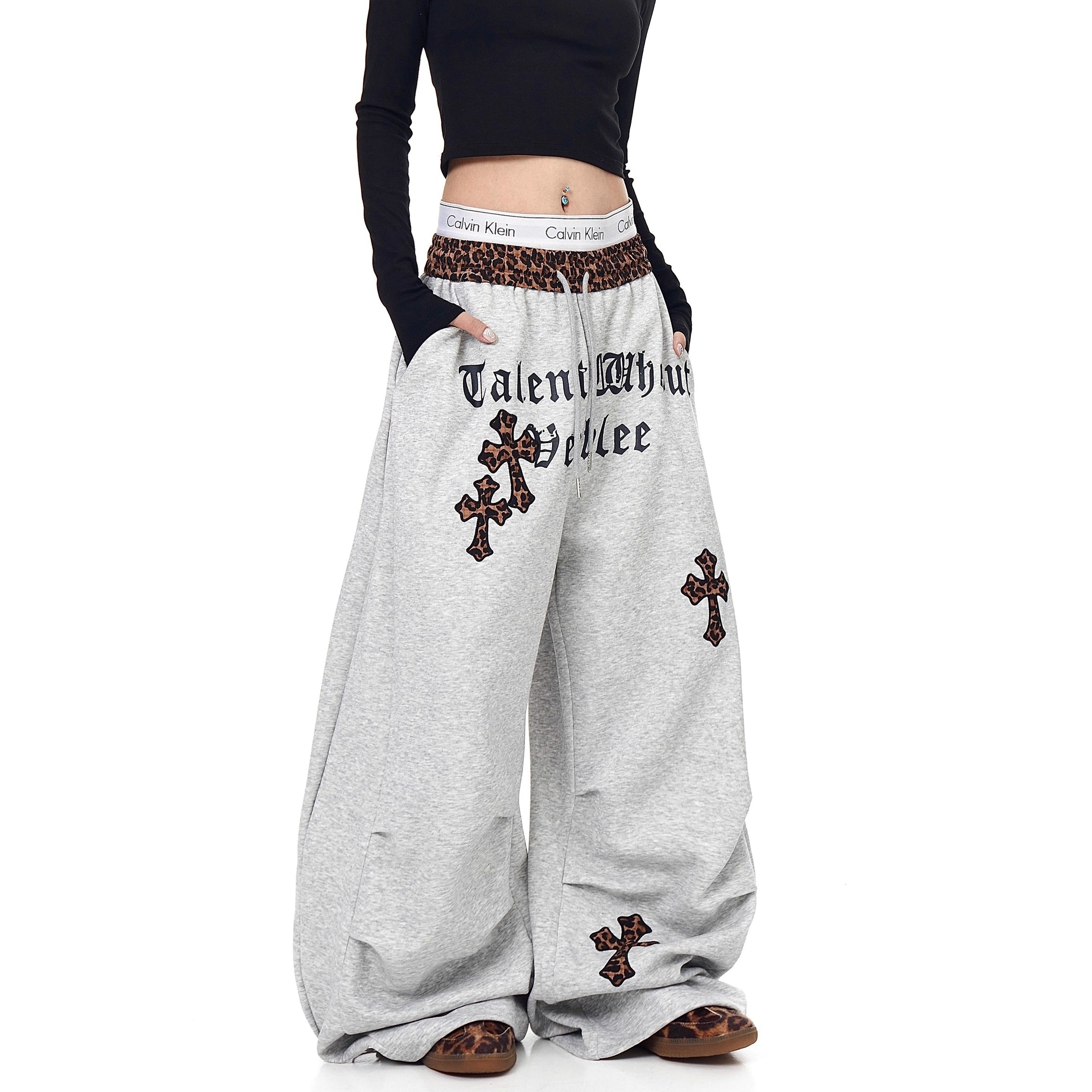 Leopard Print Patchwork Scimitar Sweat Pants BK7046