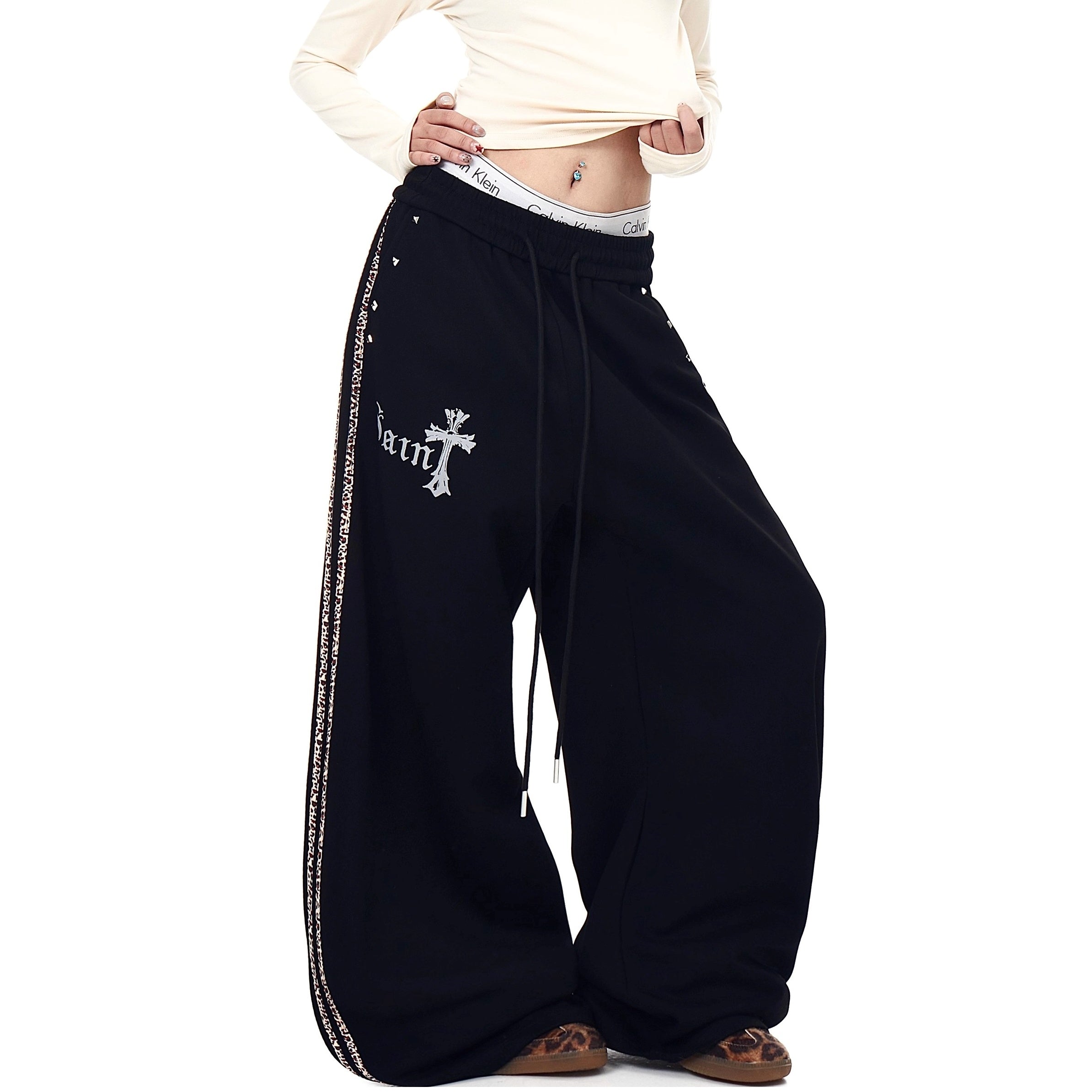 Leopard Print Spliced Rivet Curve Sweat Pants BK7058