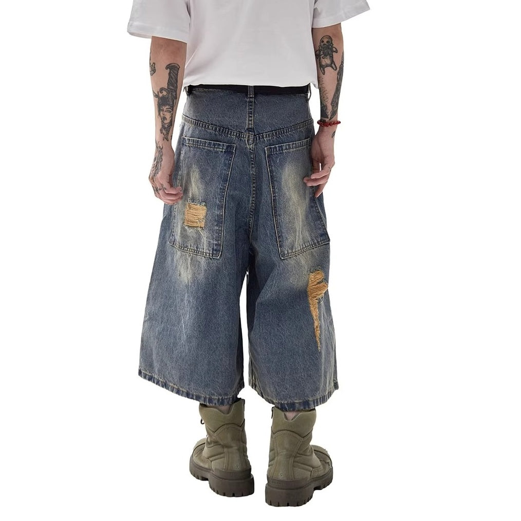 Ripped Holes Washed Denim Half Pants MW10217