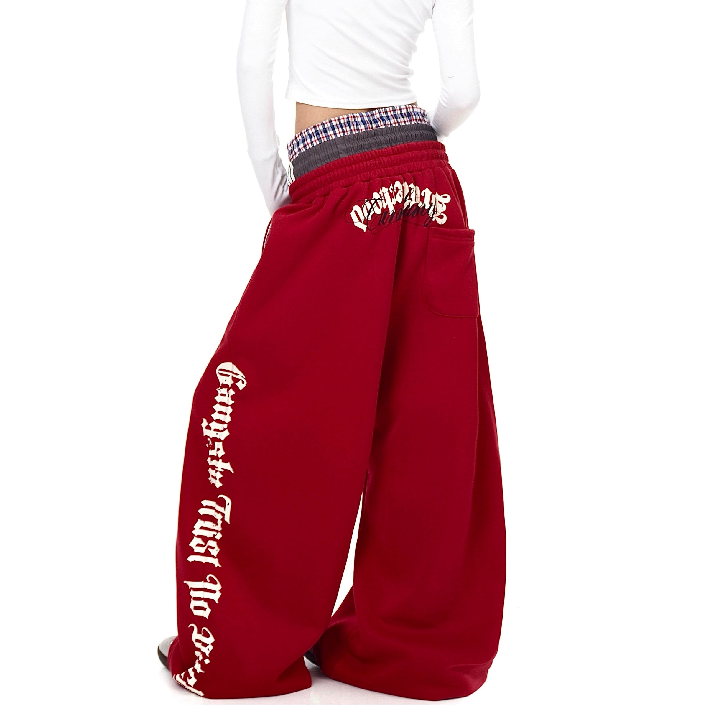 Triple-waist Patchwork Letter Drawstring Sweat Pants BK7063