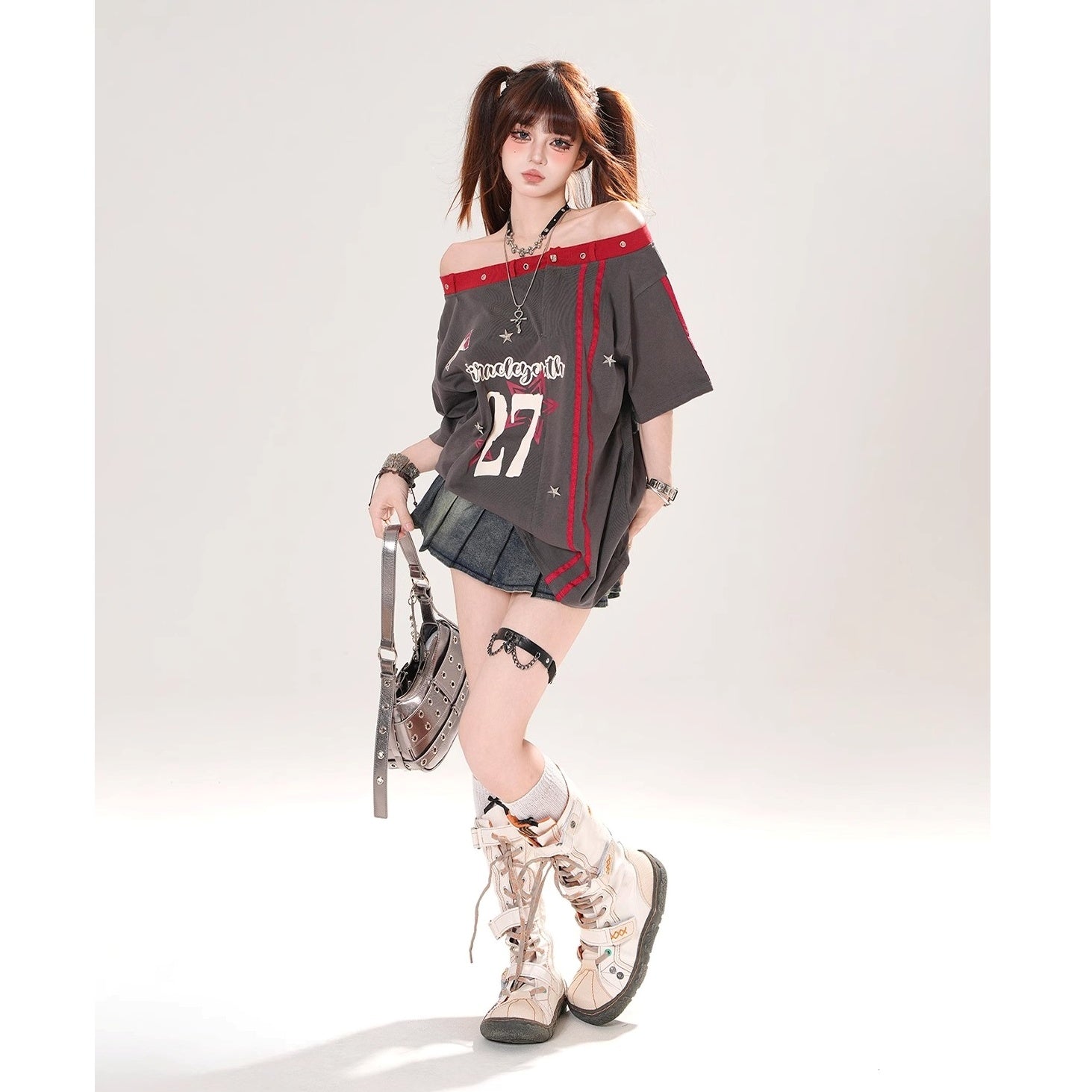 Off-Shoulder American Print T-Shirt KK2069