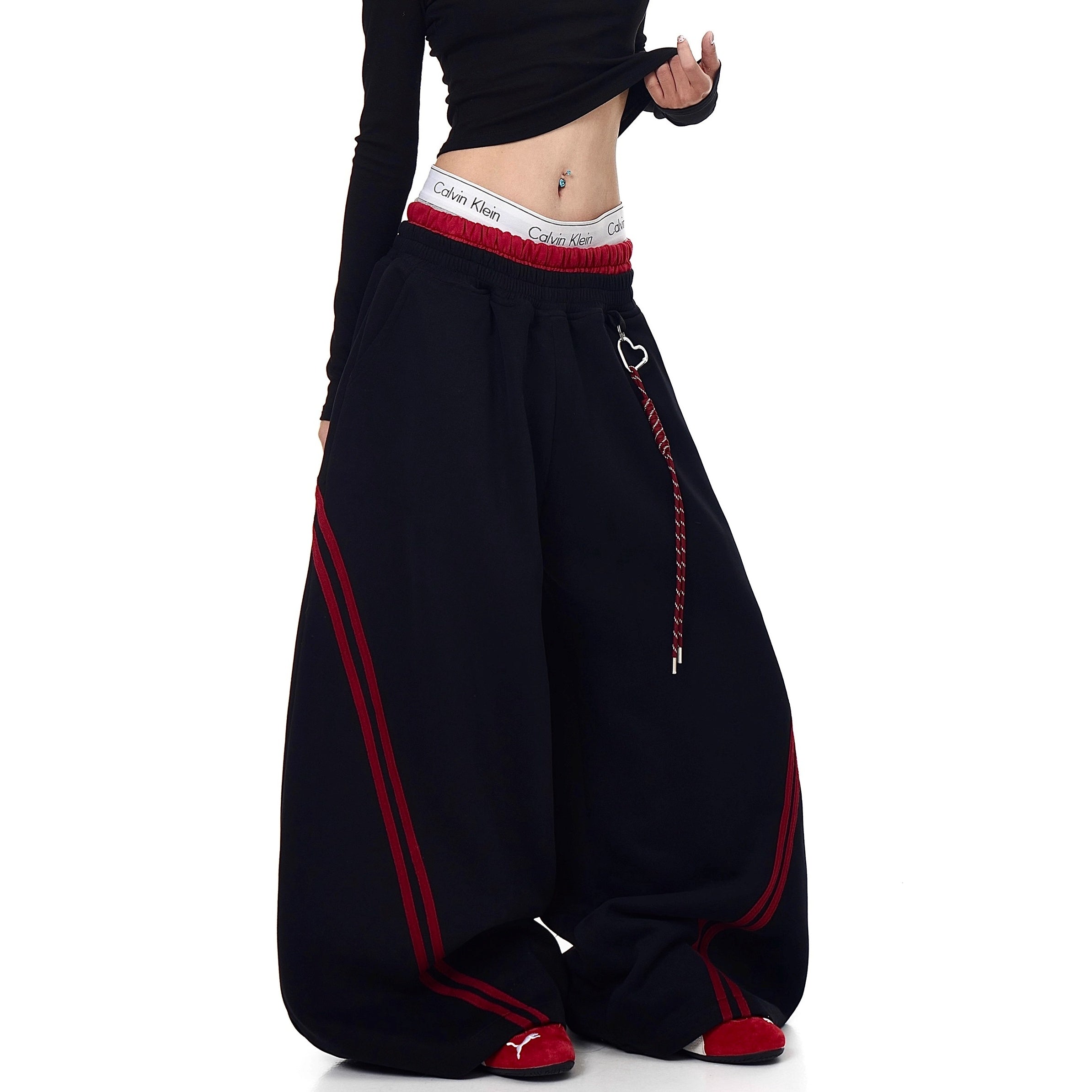 Striped Patchwork Double-waisted Scimitar Sweat Pants BK7044