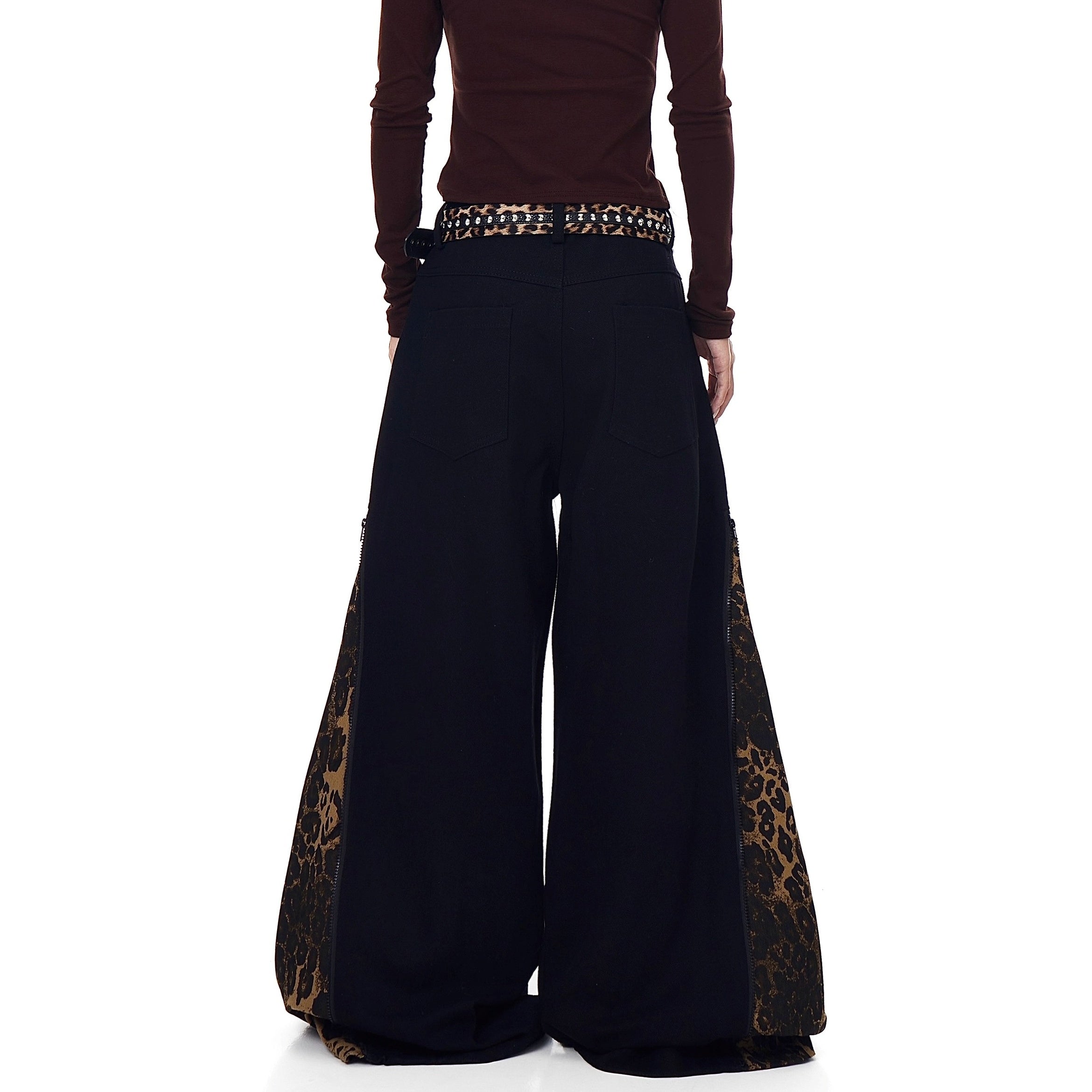 Zipper Stitch Leopard Patchwork Flare Jeans BK7019