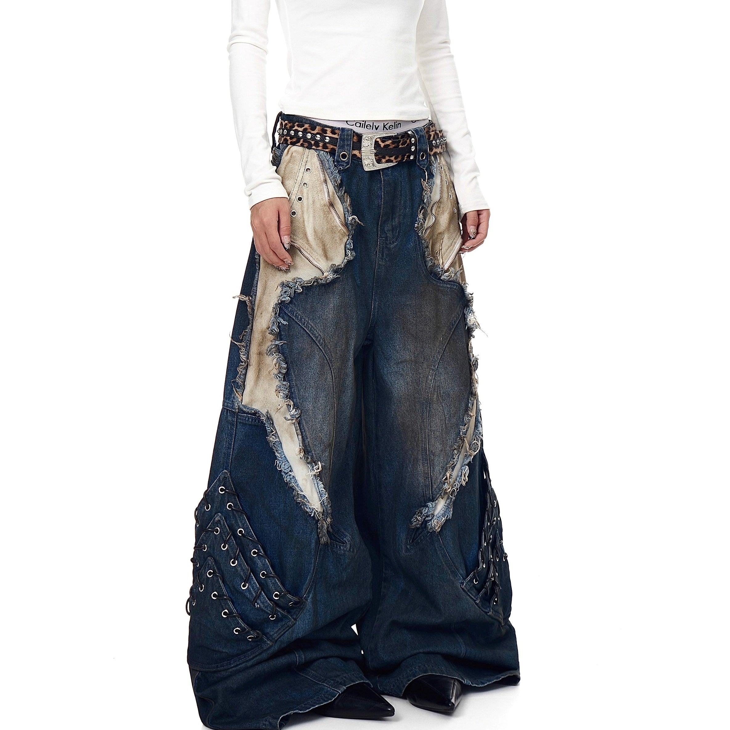 Industry Old Stained Patchwork Wide-leg Jeans BK7017