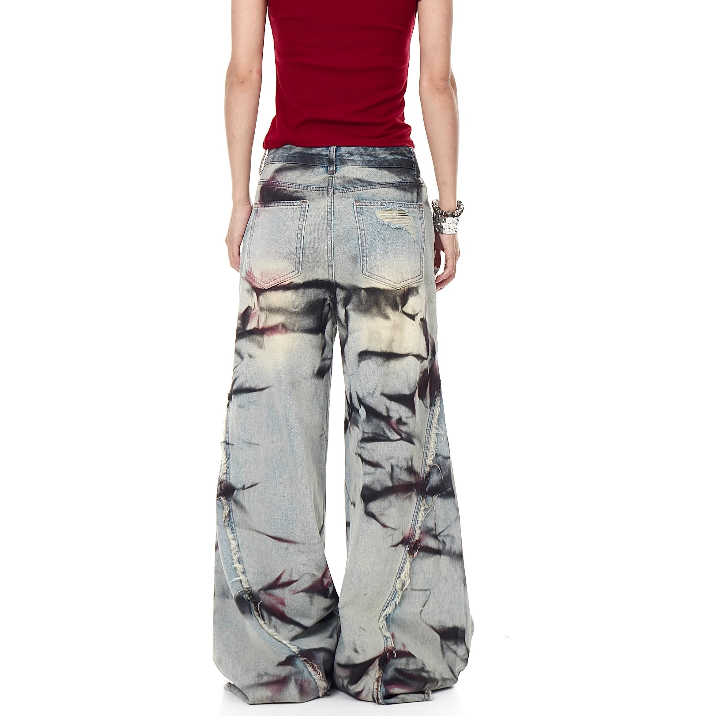 Stained Distressed Ripped Raw-edged Flared Jeans MW10195