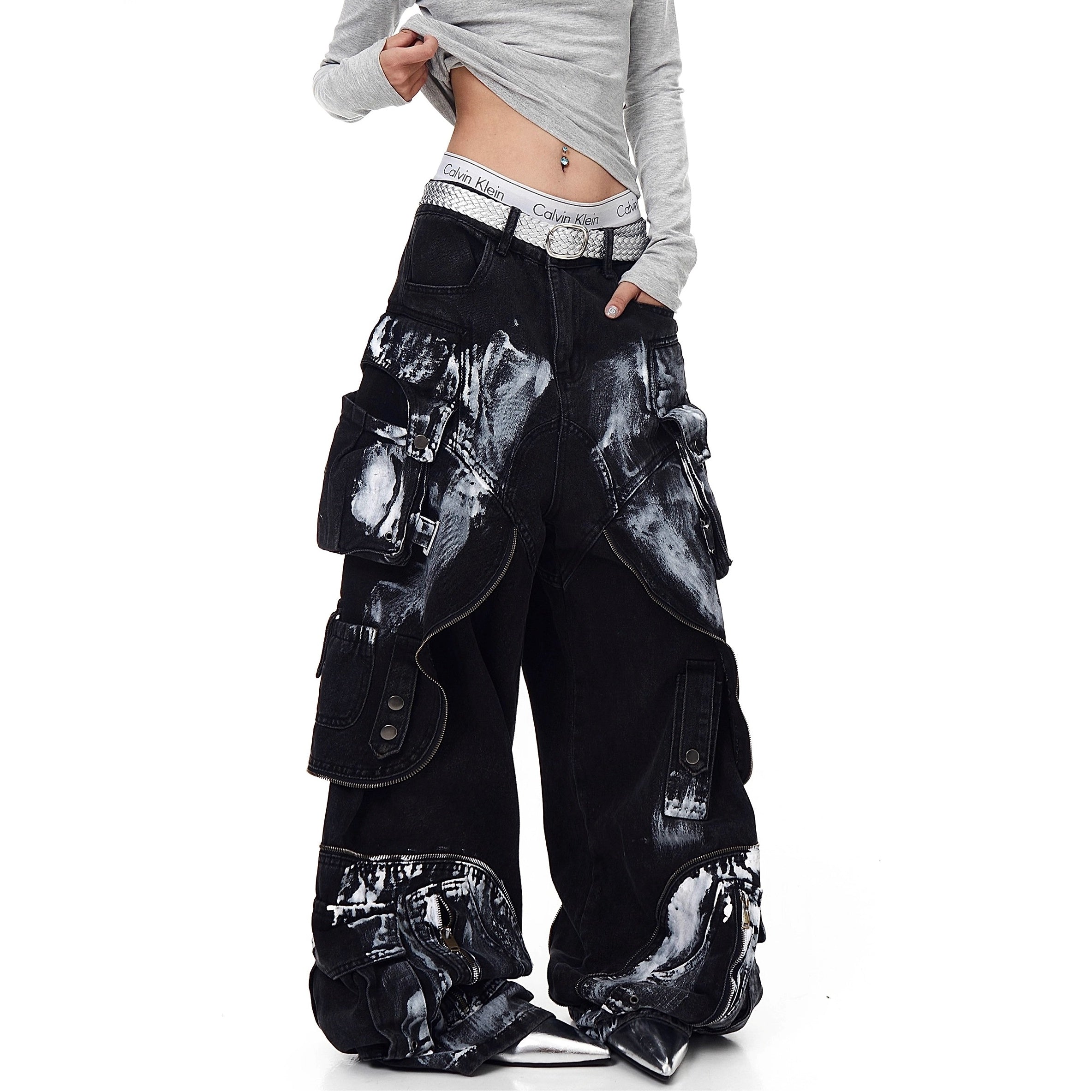 Dirty Worn Zipper Splicing Cargo Jeans BK7043