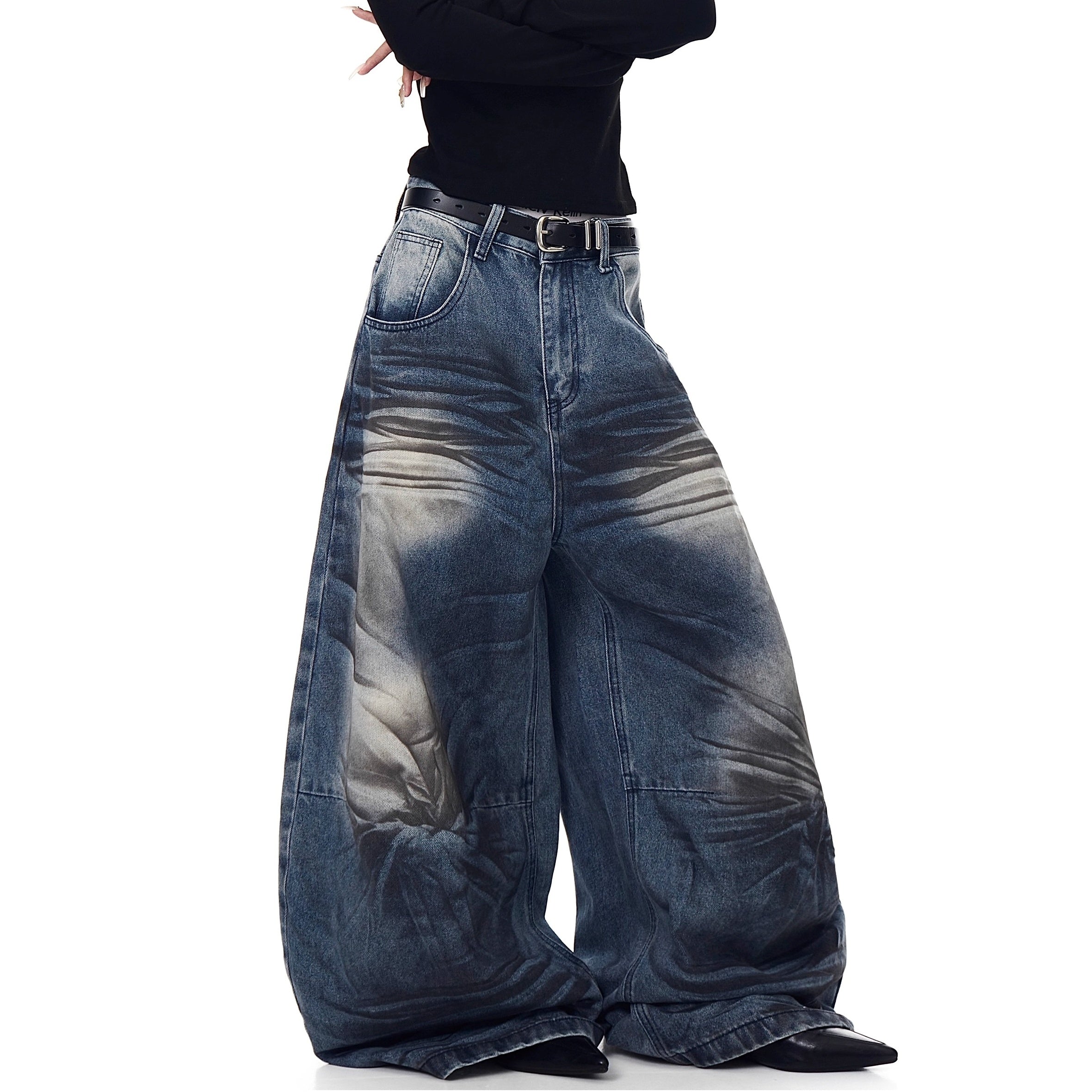 Washed Cat Whisker Printed Scimitar Jeans BK7029