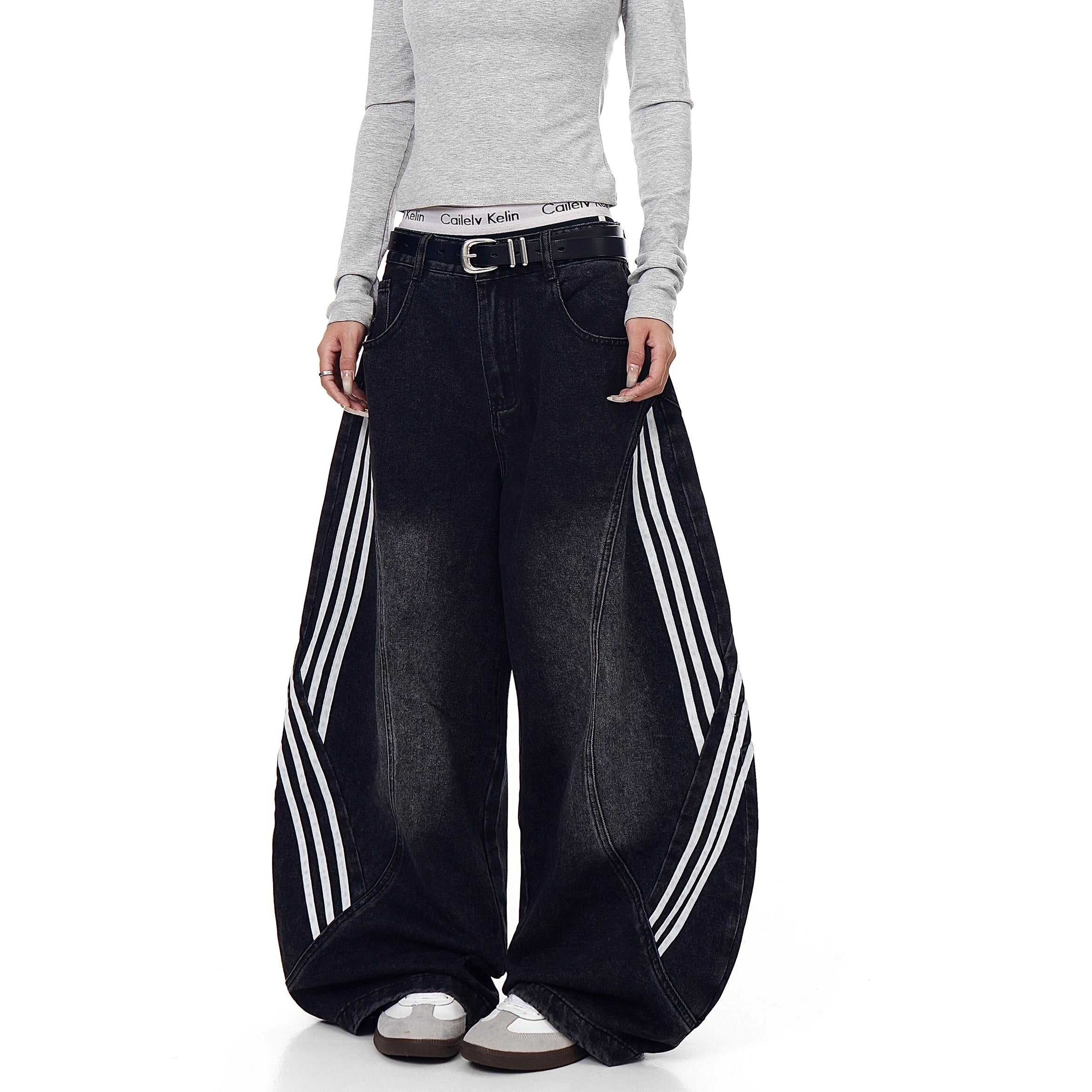 Striped Patchwork Washed Scimitar Jeans BK7031