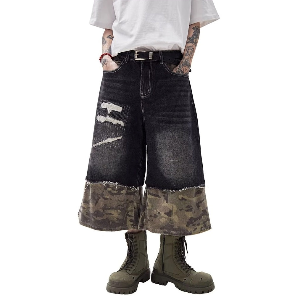 Stitching Camouflage Loose Denim Half Pants MW10218