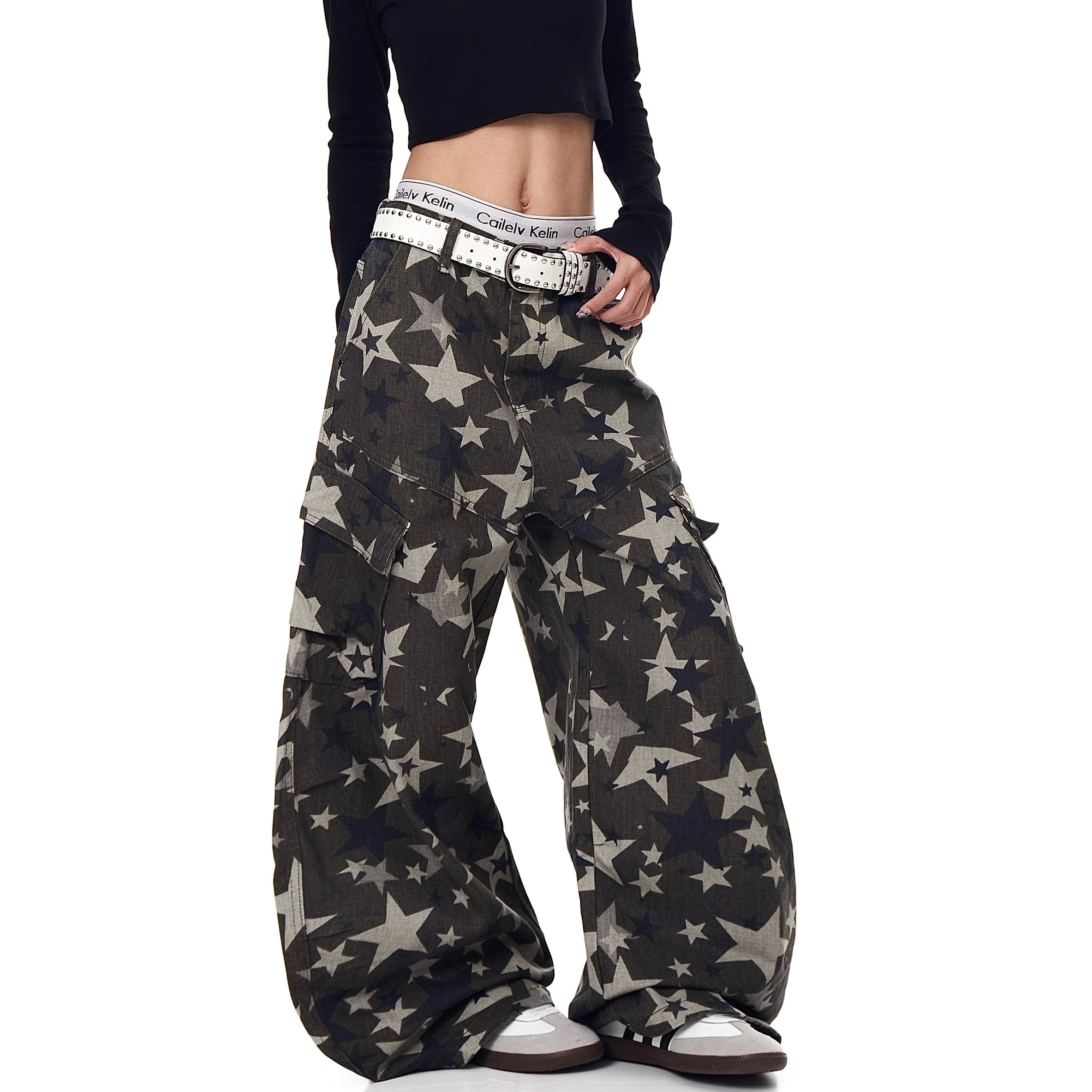 Star Camouflage Wide-Leg Cargo Curve Pants MW10274