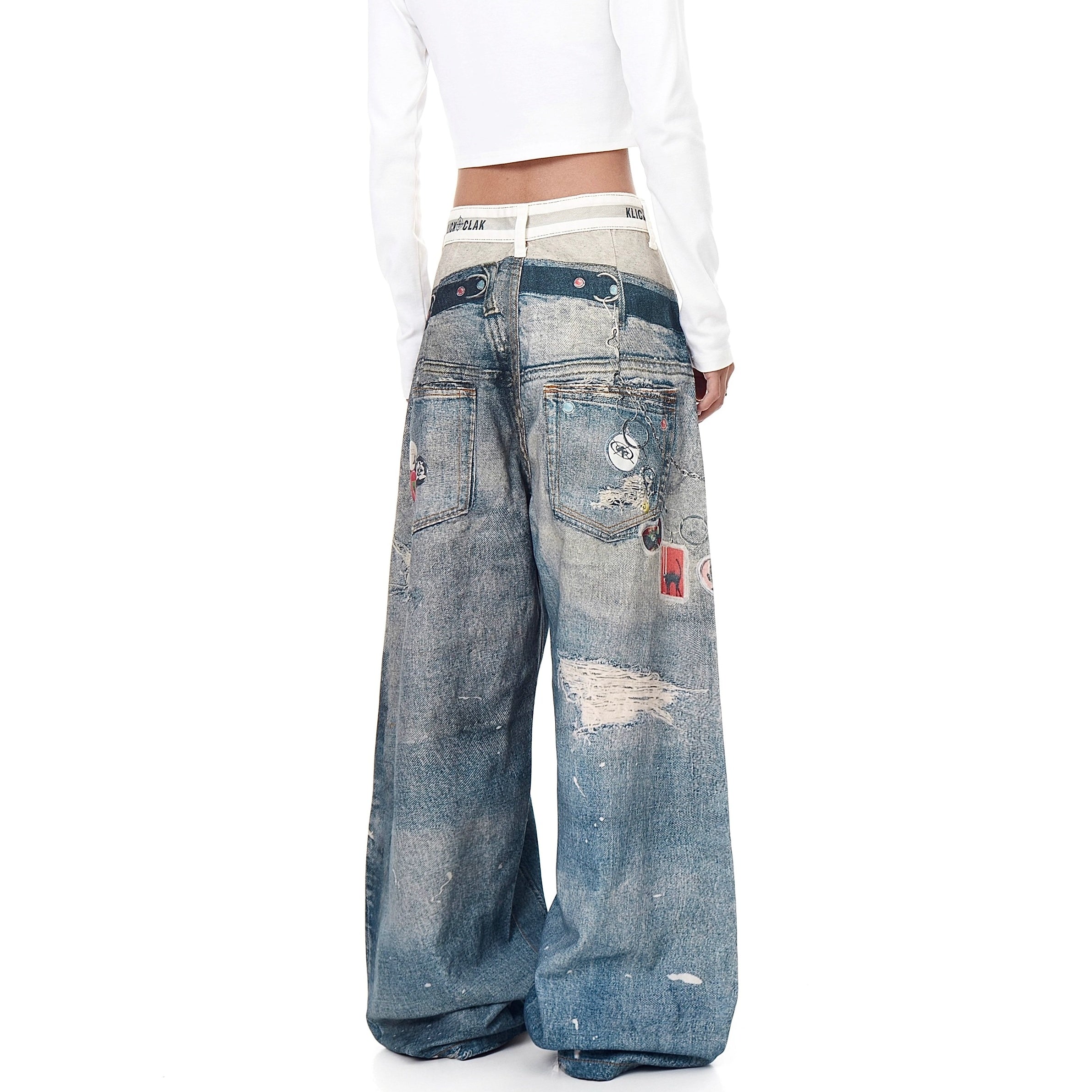 3D Printing Double Waist Distressed Loose Jeans BK7003