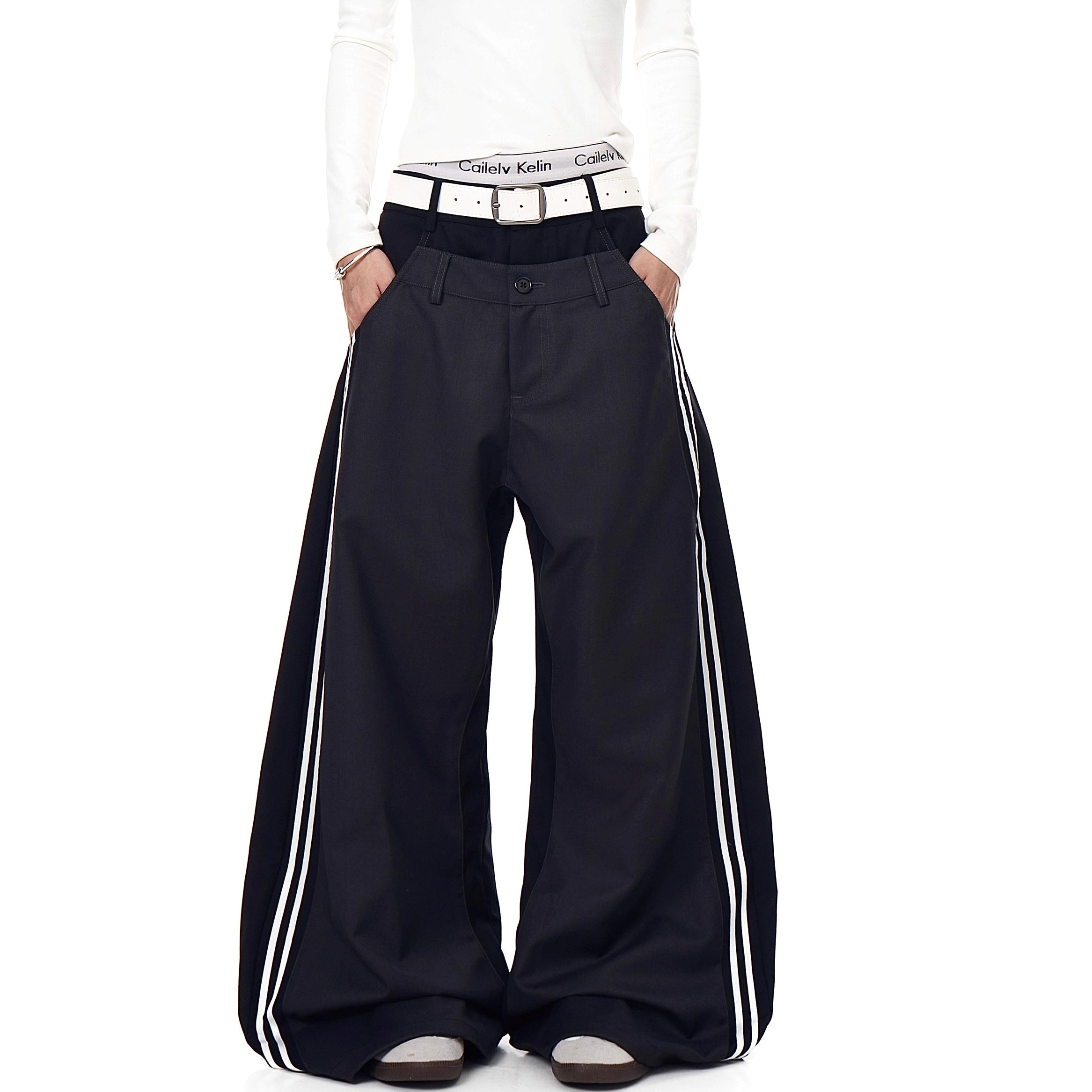 Double-Waisted Striped Wide Curve Pants BK7008