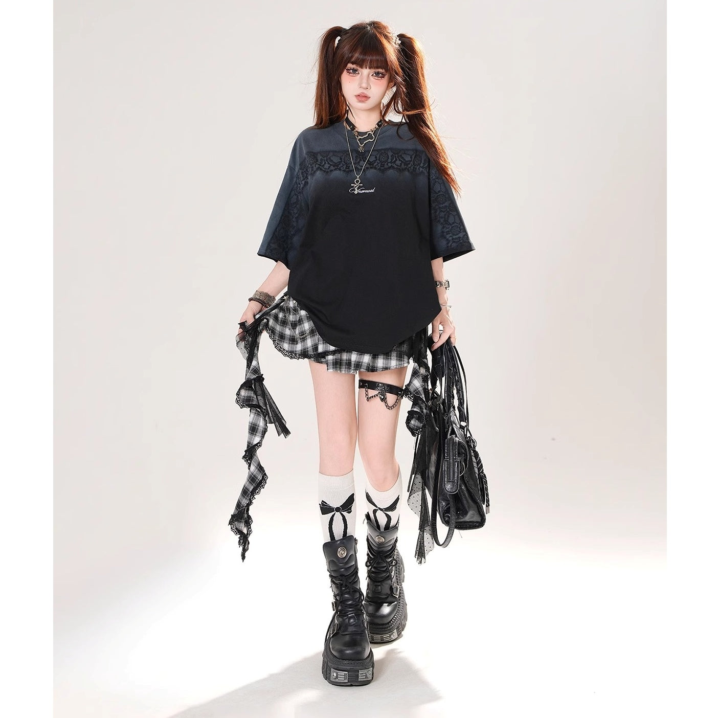 Lace Print Gradation Loose T-shirt KK2071